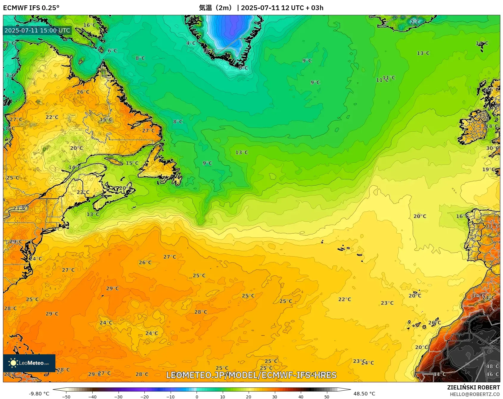 ECMWF IFS 0.25° model - 北大西洋, 気温(2m) ECMWF IFS 0.25° model - 北大西洋, 気温(2m)