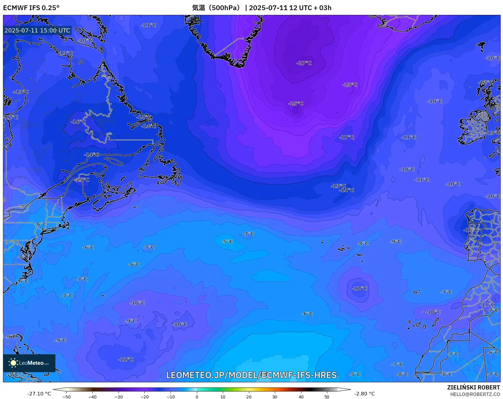 ECMWF IFS 0.25° model - 北大西洋, 気温(500hPa) ECMWF IFS 0.25° model - 北大西洋, 気温(500hPa)