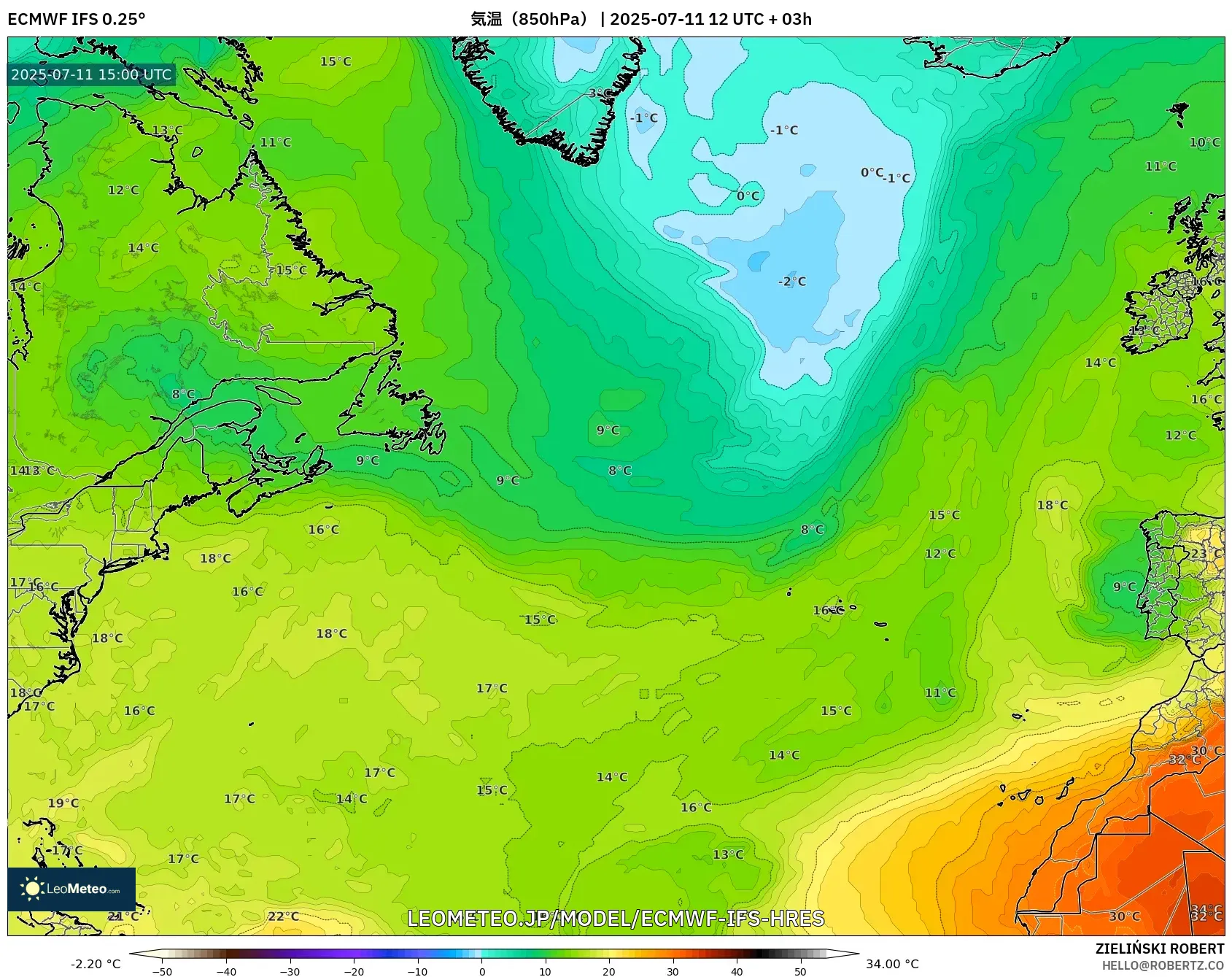 ECMWF IFS 0.25° model - 北大西洋, 気温(850hPa) ECMWF IFS 0.25° model - 北大西洋, 気温(850hPa)