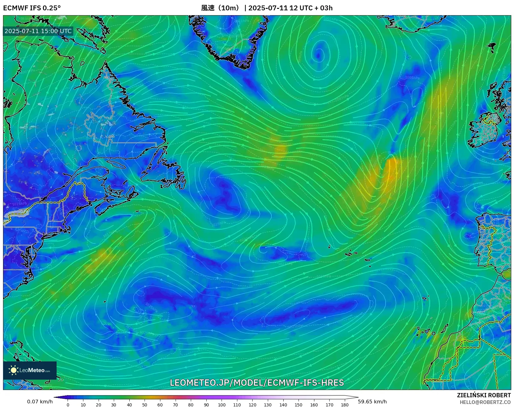 ECMWF IFS 0.25° model - 北大西洋, 風速（10m）