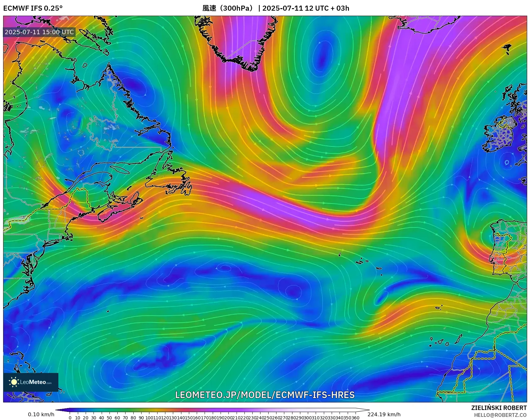 ECMWF IFS 0.25° model - 北大西洋, 風速(300hPa) ECMWF IFS 0.25° model - 北大西洋, 風速(300hPa)