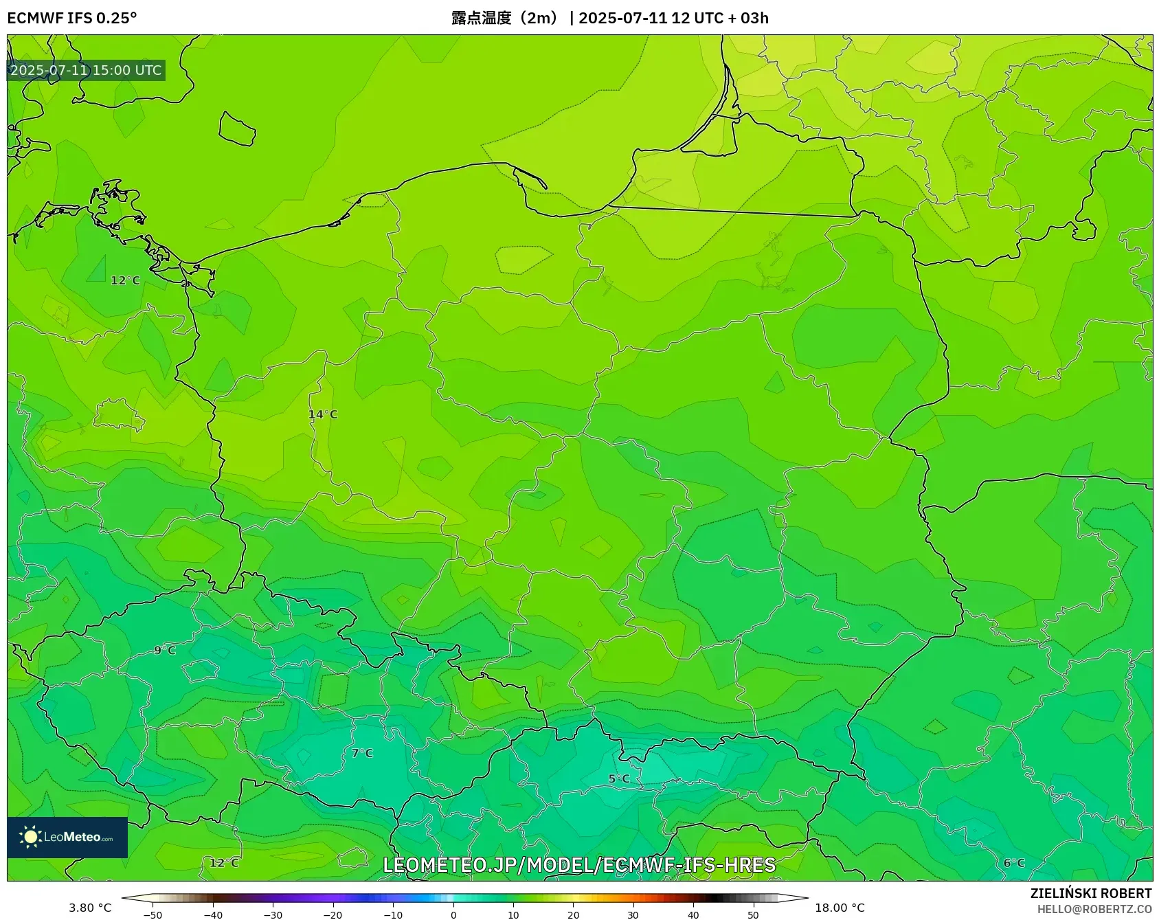 ECMWF IFS 0.25° model - ポーランド, 露点温度（2m）