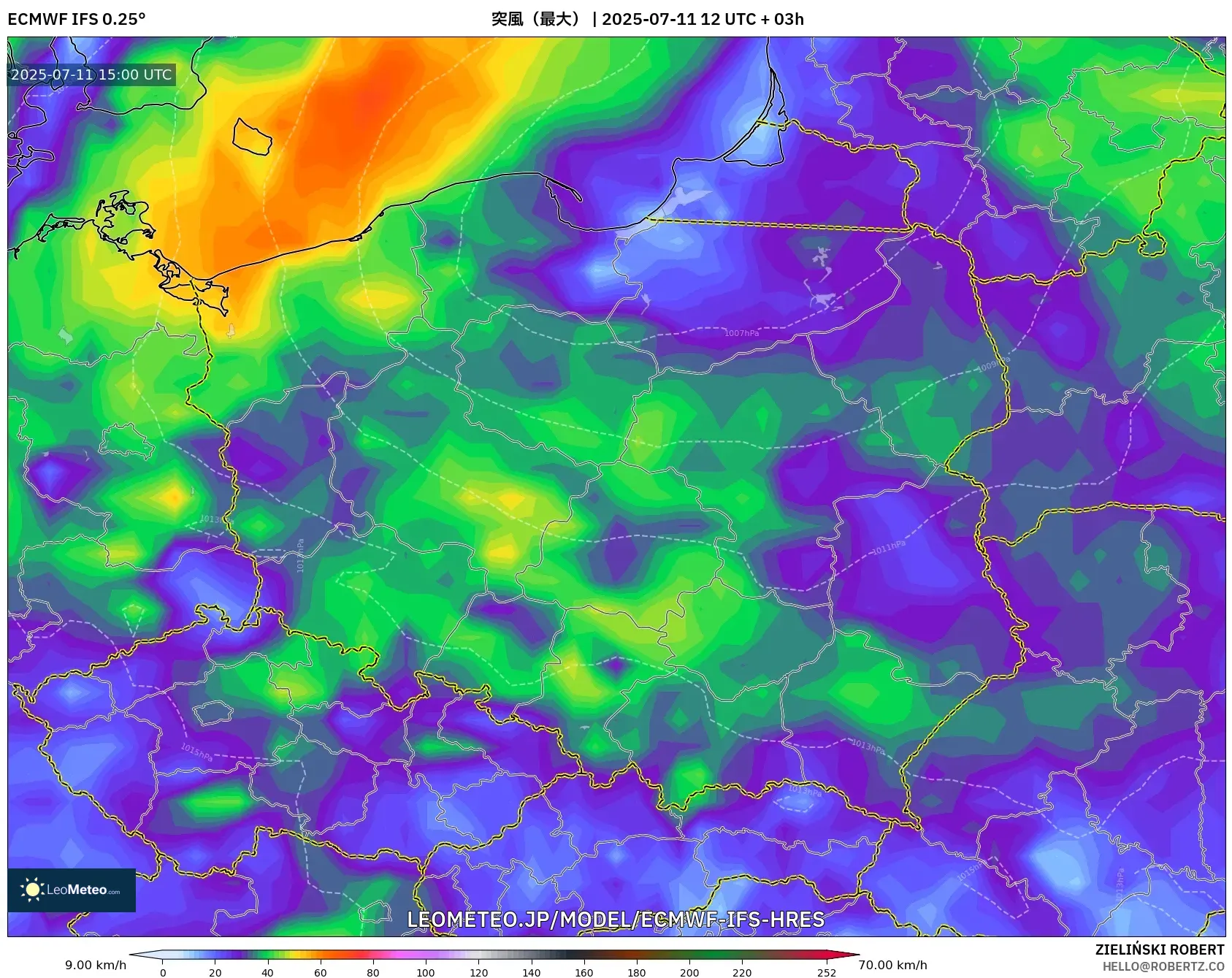 ECMWF IFS 0.25° model - ポーランド, 突風(最大) ECMWF IFS 0.25° model - ポーランド, 突風(最大)