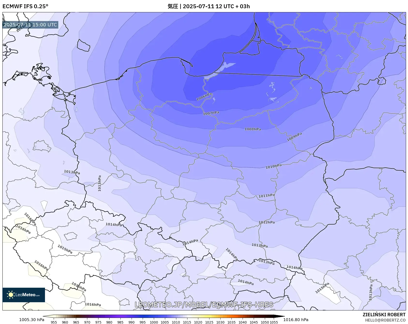 ECMWF IFS 0.25° model - ポーランド, 気圧 ECMWF IFS 0.25° model - ポーランド, 気圧