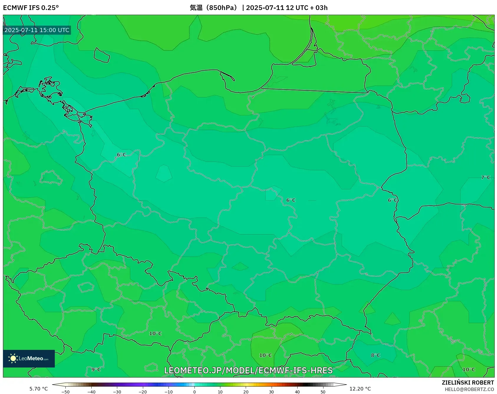 ECMWF IFS 0.25° model - ポーランド, 気温(850hPa) ECMWF IFS 0.25° model - ポーランド, 気温(850hPa)