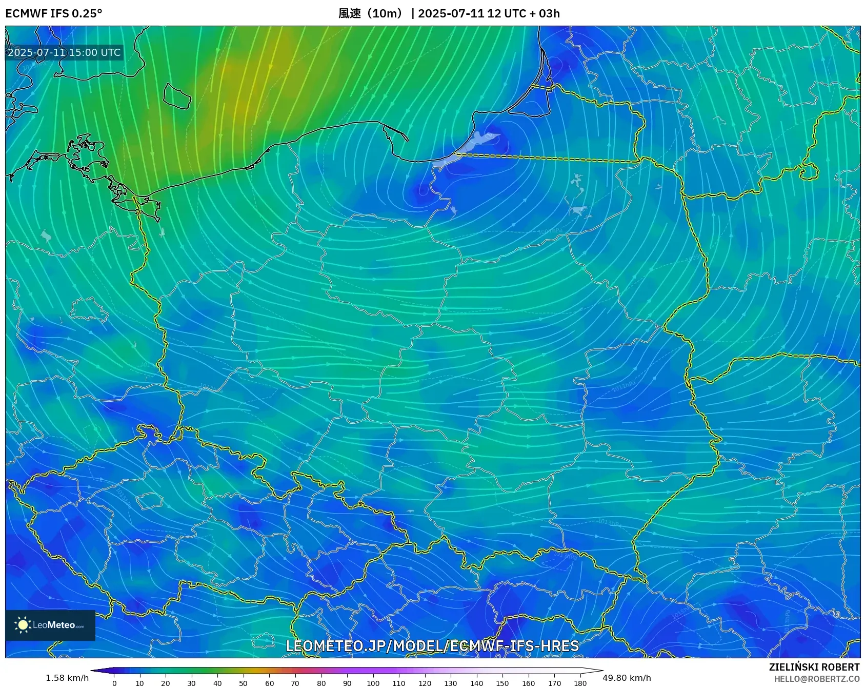 ECMWF IFS 0.25° model - ポーランド, 風速(10m) ECMWF IFS 0.25° model - ポーランド, 風速(10m)