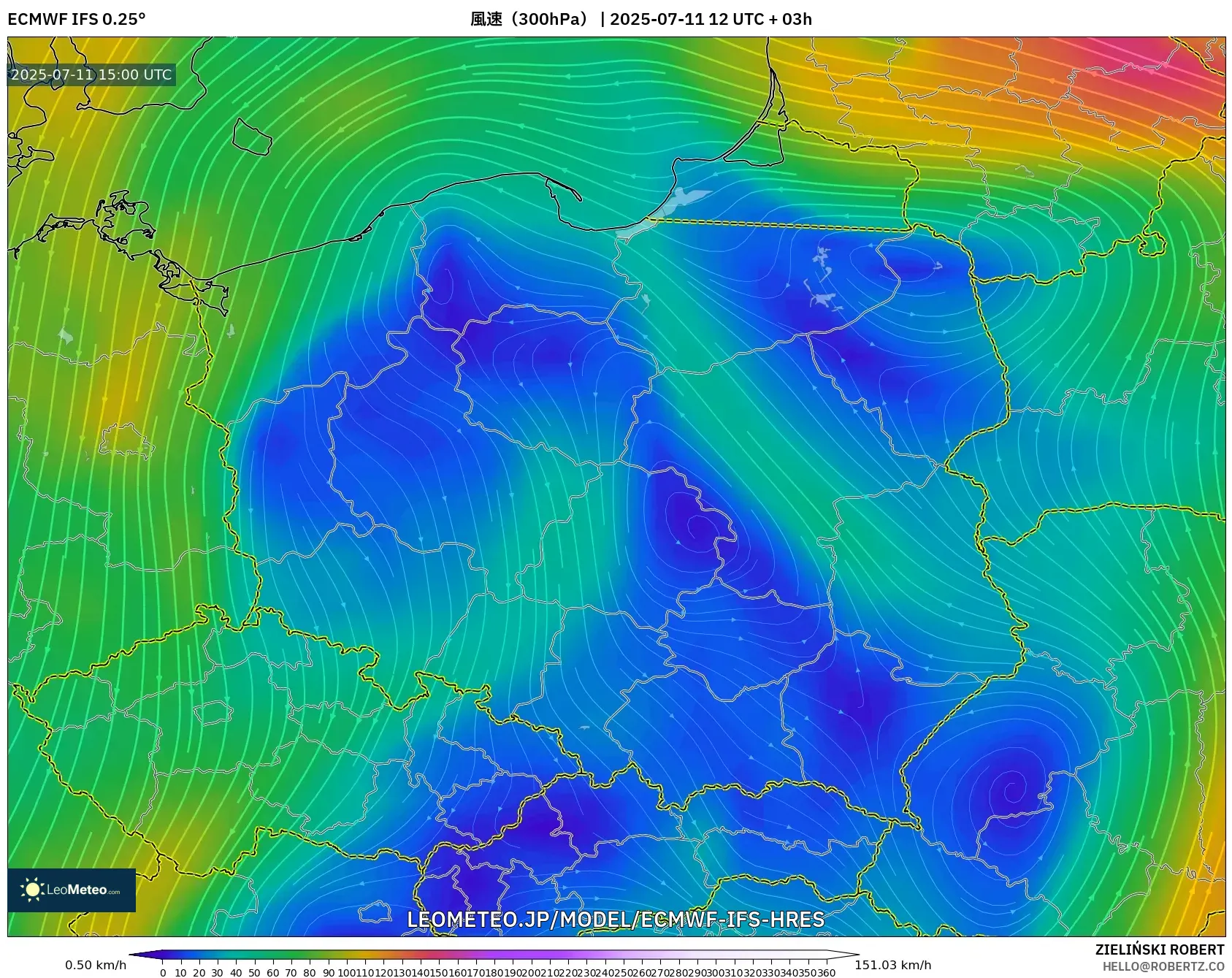 ECMWF IFS 0.25° model - ポーランド, 風速(300hPa) ECMWF IFS 0.25° model - ポーランド, 風速(300hPa)