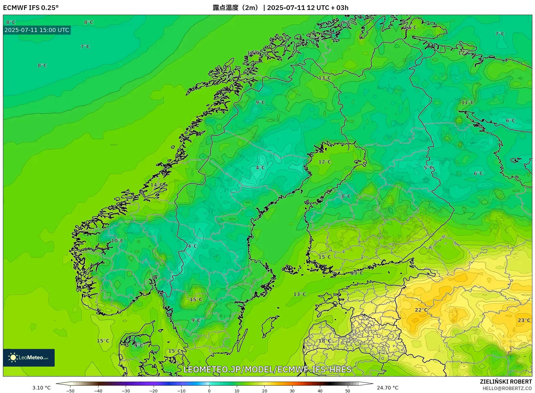 ECMWF IFS 0.25° model - スカンジナビア, 露点温度(2m) ECMWF IFS 0.25° model - スカンジナビア, 露点温度(2m)