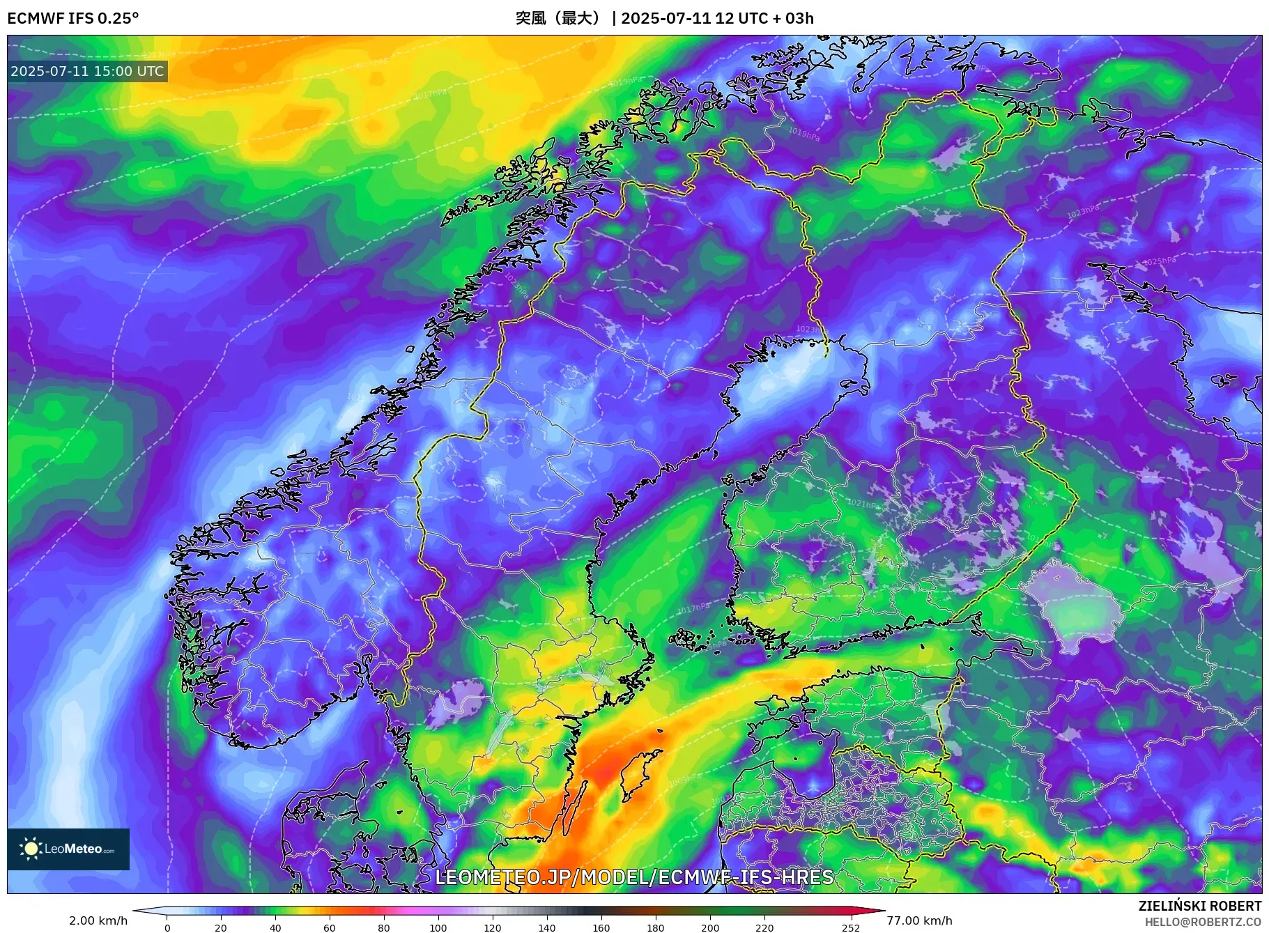 ECMWF IFS 0.25° model - スカンジナビア, 突風(最大) ECMWF IFS 0.25° model - スカンジナビア, 突風(最大)