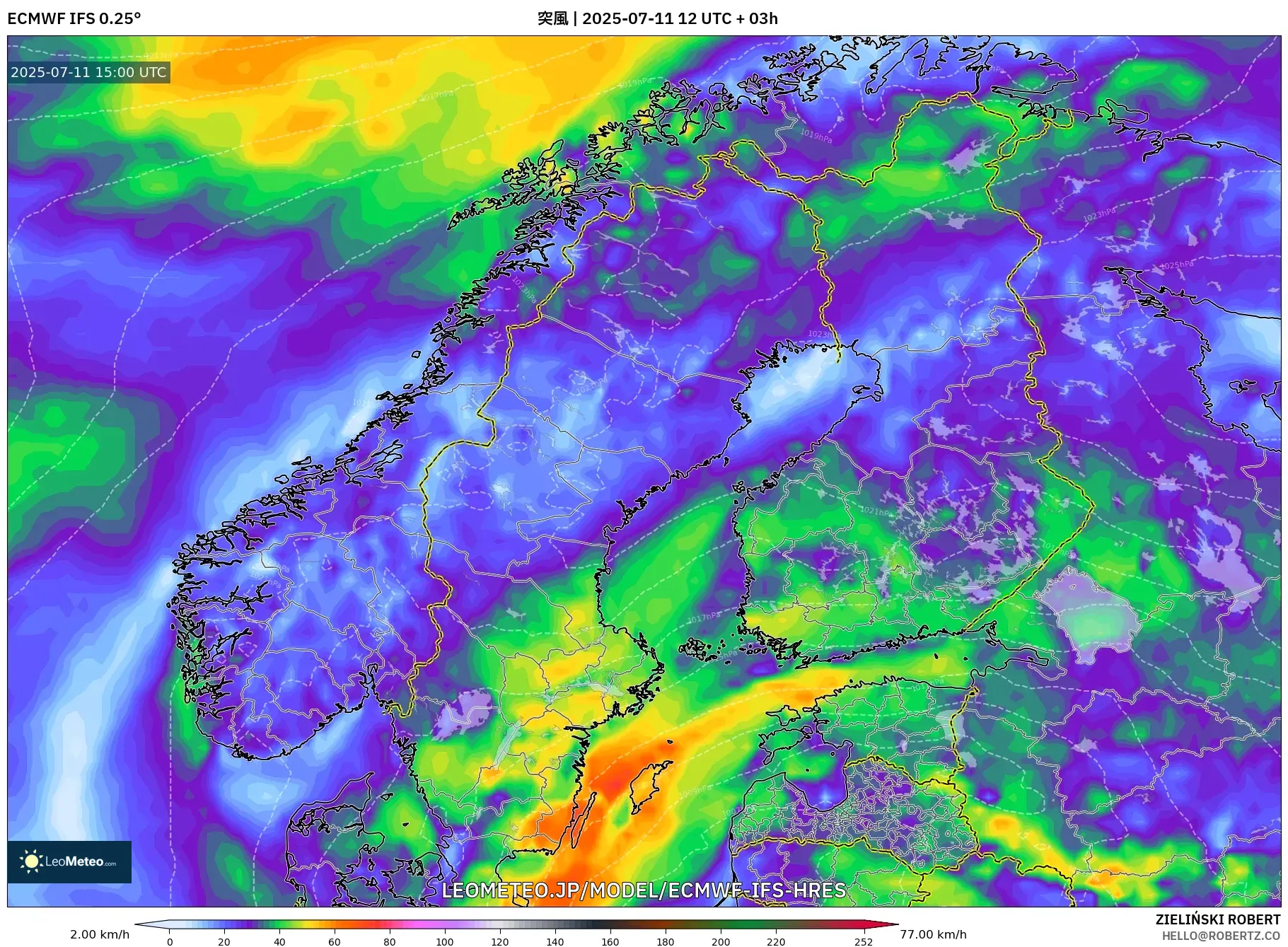ECMWF IFS 0.25° model - スカンジナビア, 突風 ECMWF IFS 0.25° model - スカンジナビア, 突風