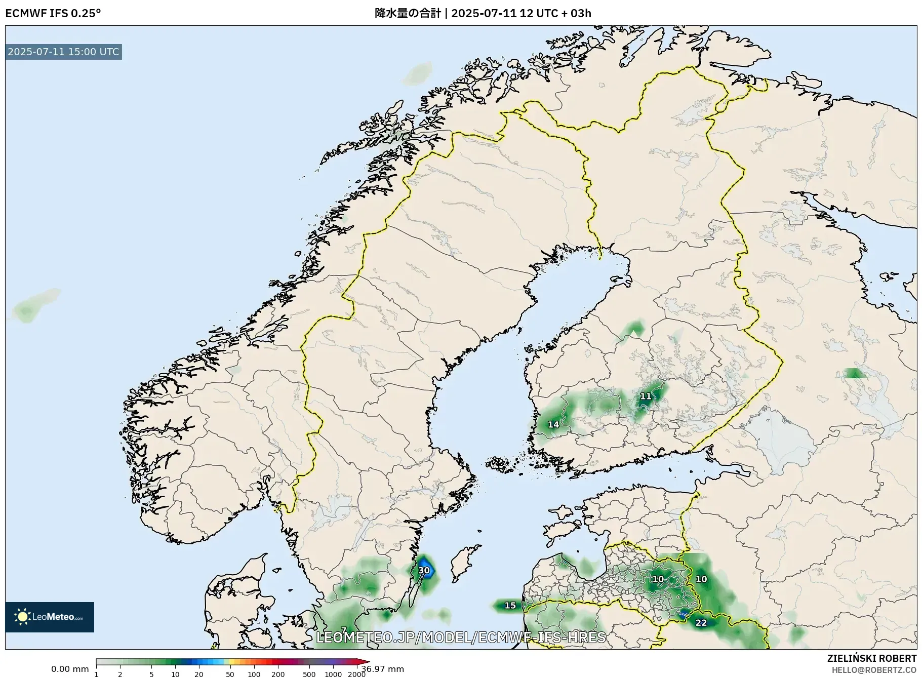 ECMWF IFS 0.25° model - スカンジナビア, 降水量の合計 ECMWF IFS 0.25° model - スカンジナビア, 降水量の合計