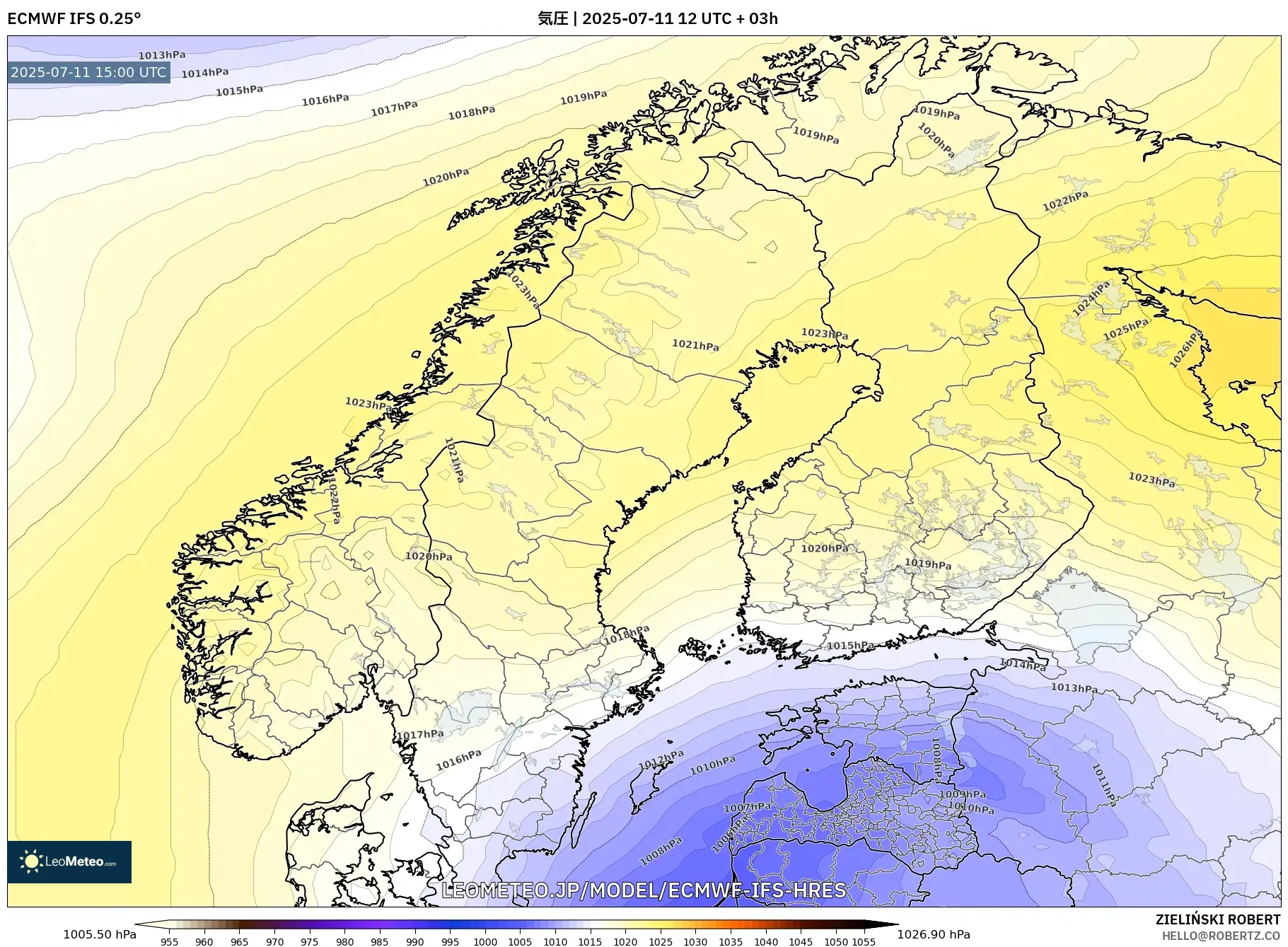 ECMWF IFS 0.25° model - スカンジナビア, 気圧 ECMWF IFS 0.25° model - スカンジナビア, 気圧