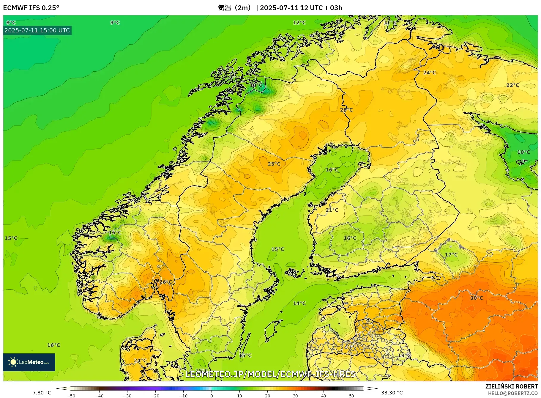 ECMWF IFS 0.25° model - スカンジナビア, 気温(2m) ECMWF IFS 0.25° model - スカンジナビア, 気温(2m)