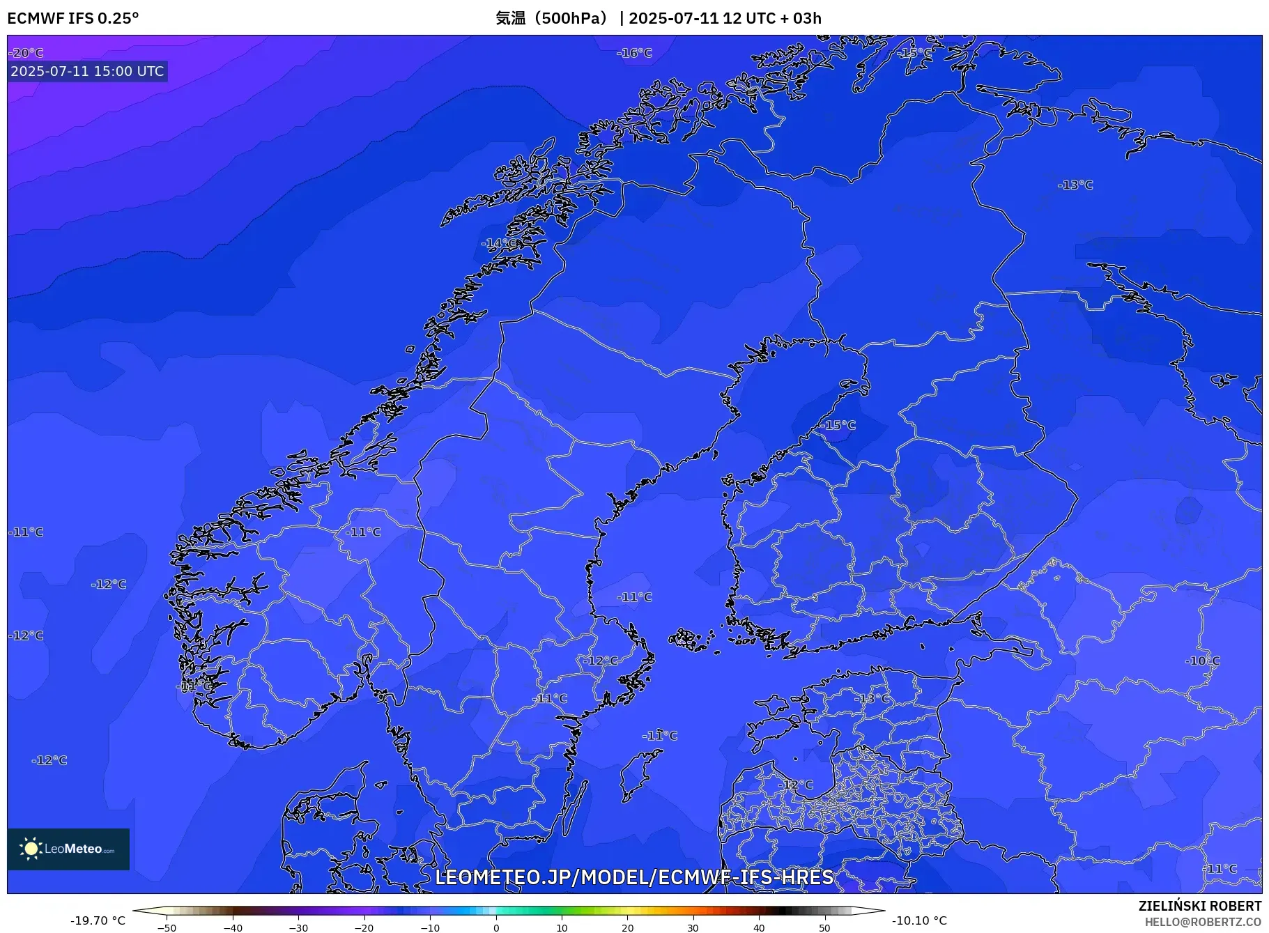 ECMWF IFS 0.25° model - スカンジナビア, 気温(500hPa) ECMWF IFS 0.25° model - スカンジナビア, 気温(500hPa)