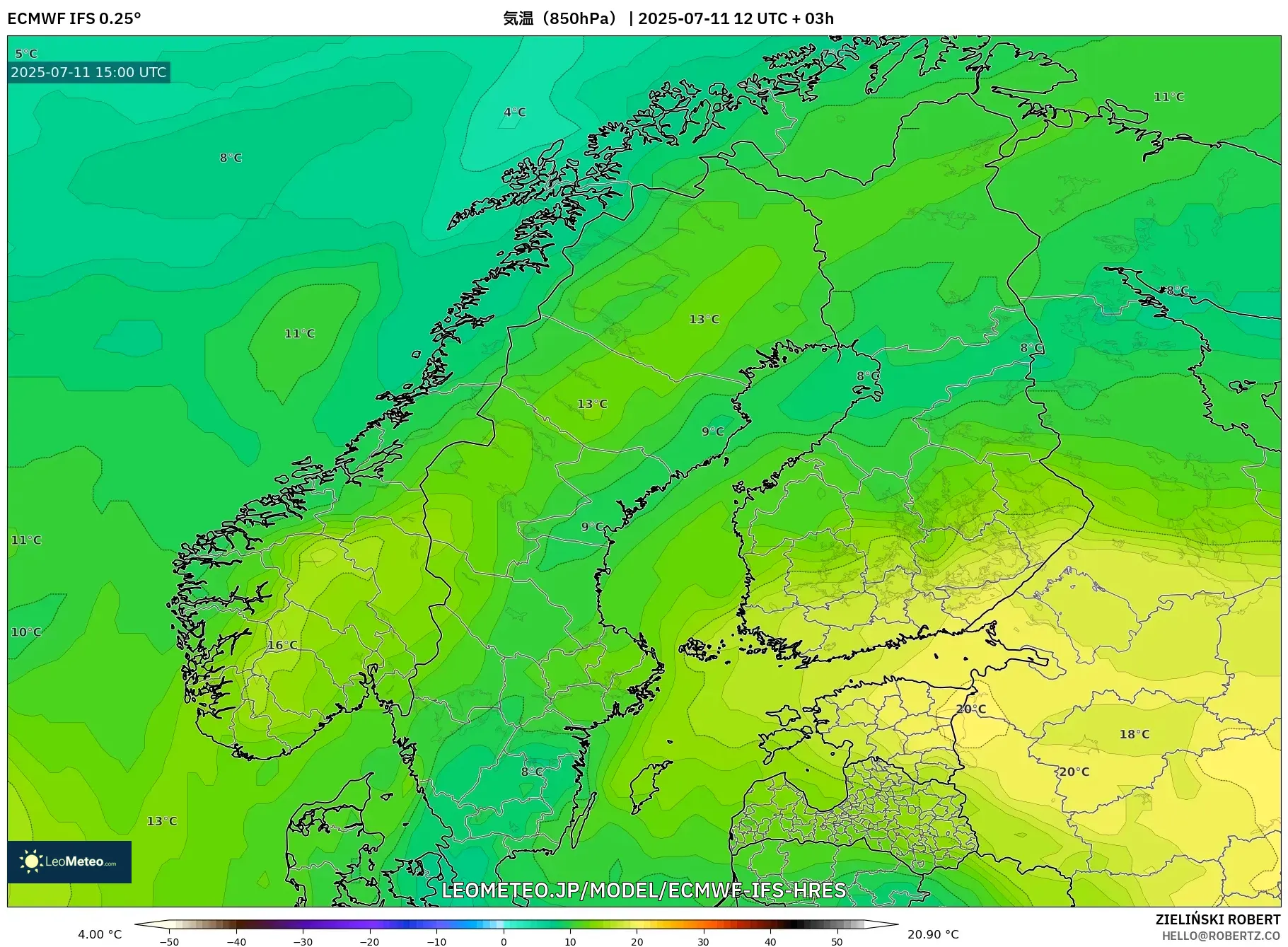 ECMWF IFS 0.25° model - スカンジナビア, 気温(850hPa) ECMWF IFS 0.25° model - スカンジナビア, 気温(850hPa)