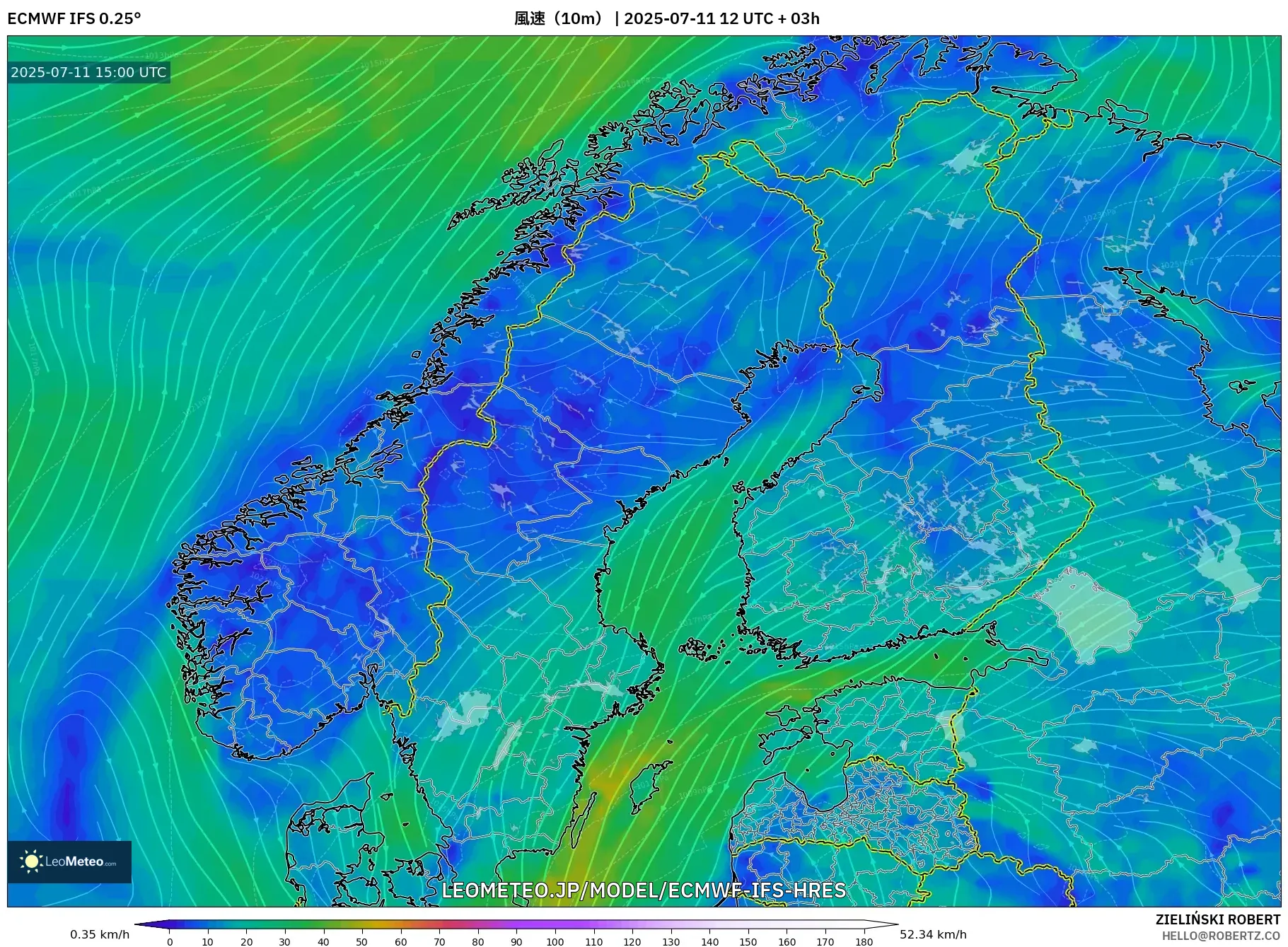 ECMWF IFS 0.25° model - スカンジナビア, 風速(10m) ECMWF IFS 0.25° model - スカンジナビア, 風速(10m)