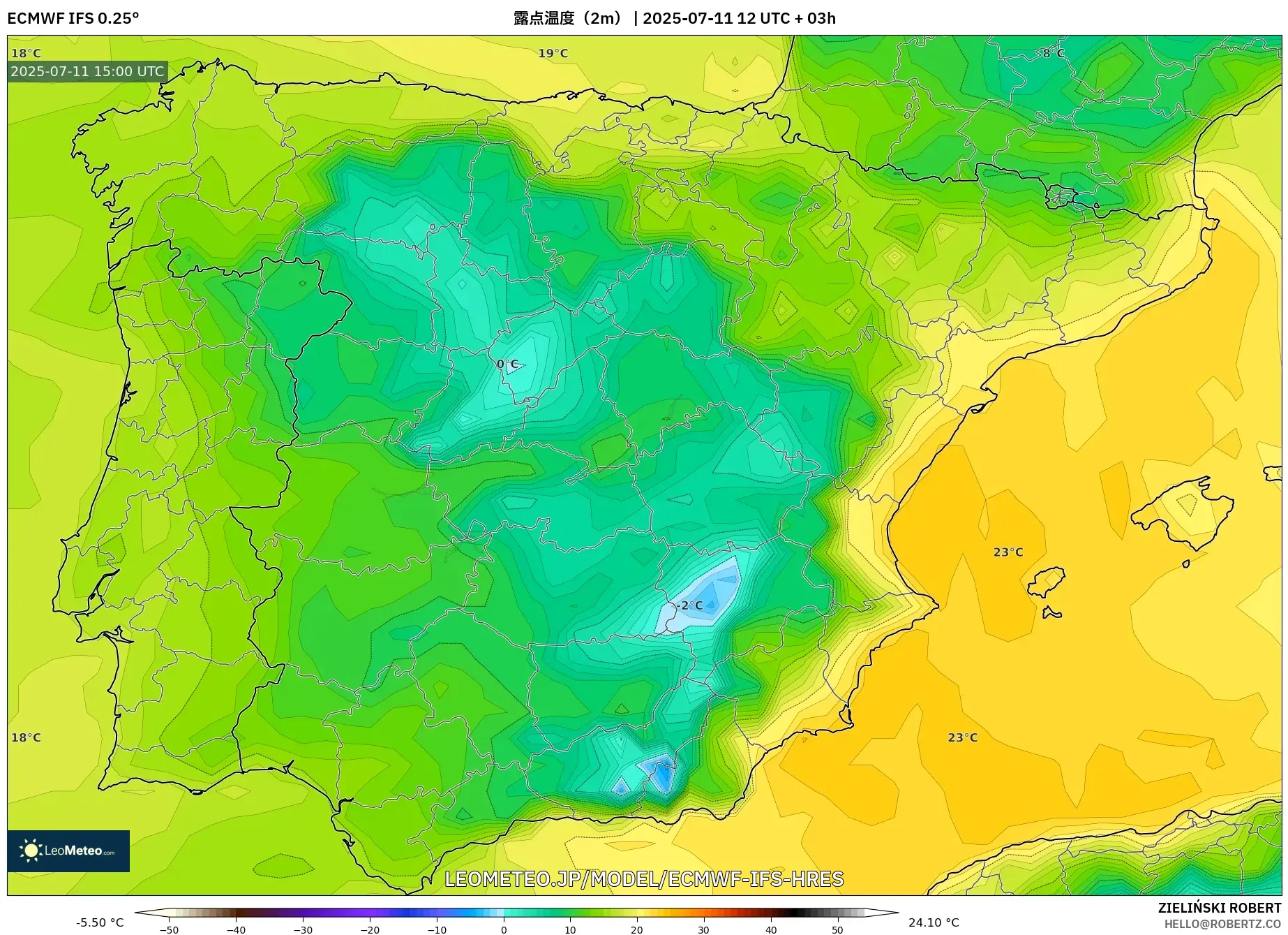ECMWF IFS 0.25° model - スペイン, 露点温度(2m) ECMWF IFS 0.25° model - スペイン, 露点温度(2m)