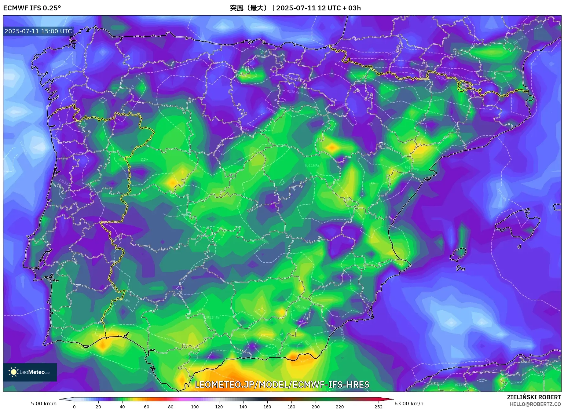 ECMWF IFS 0.25° model - スペイン, 突風(最大) ECMWF IFS 0.25° model - スペイン, 突風(最大)