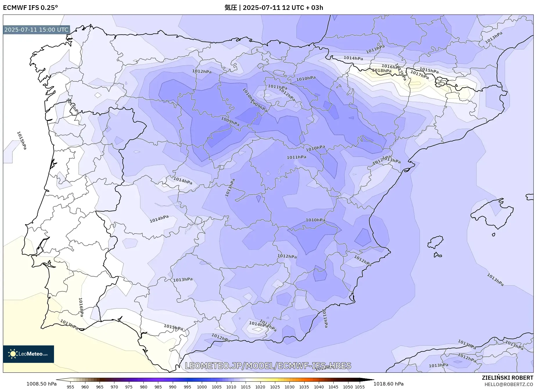 ECMWF IFS 0.25° model - スペイン, 気圧 ECMWF IFS 0.25° model - スペイン, 気圧