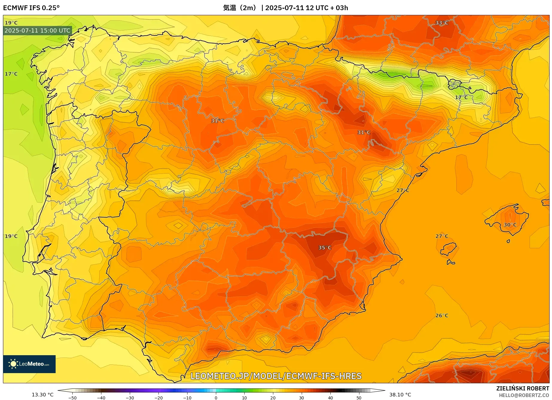 ECMWF IFS 0.25° model - スペイン, 気温(2m) ECMWF IFS 0.25° model - スペイン, 気温(2m)