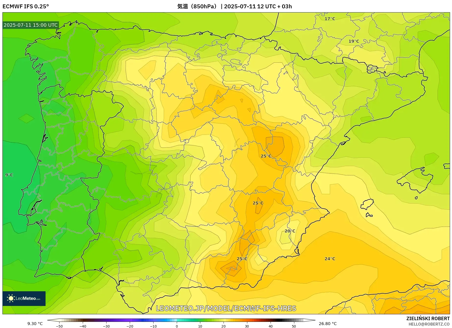 ECMWF IFS 0.25° model - スペイン, 気温(850hPa) ECMWF IFS 0.25° model - スペイン, 気温(850hPa)