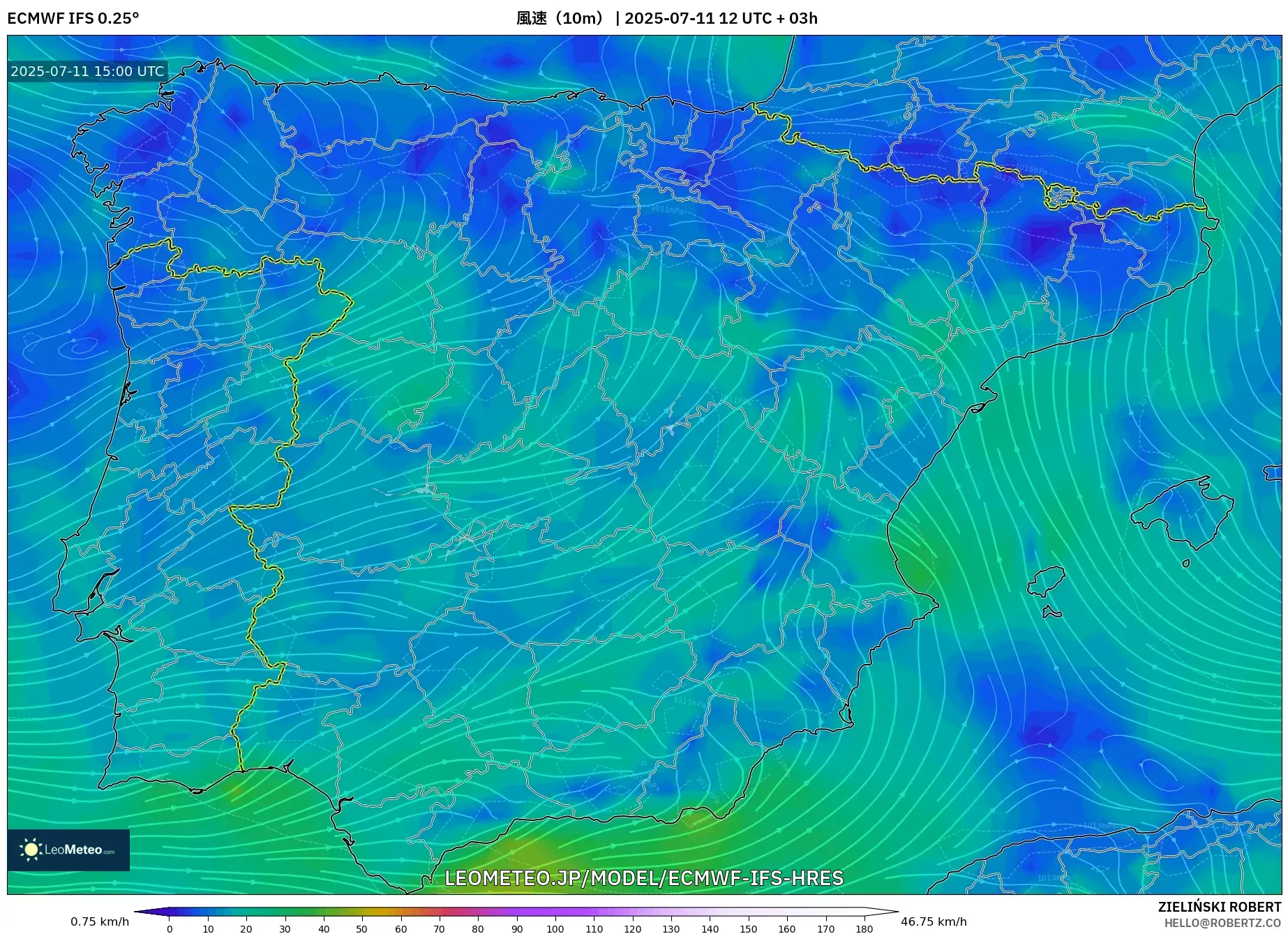 ECMWF IFS 0.25° model - スペイン, 風速(10m) ECMWF IFS 0.25° model - スペイン, 風速(10m)