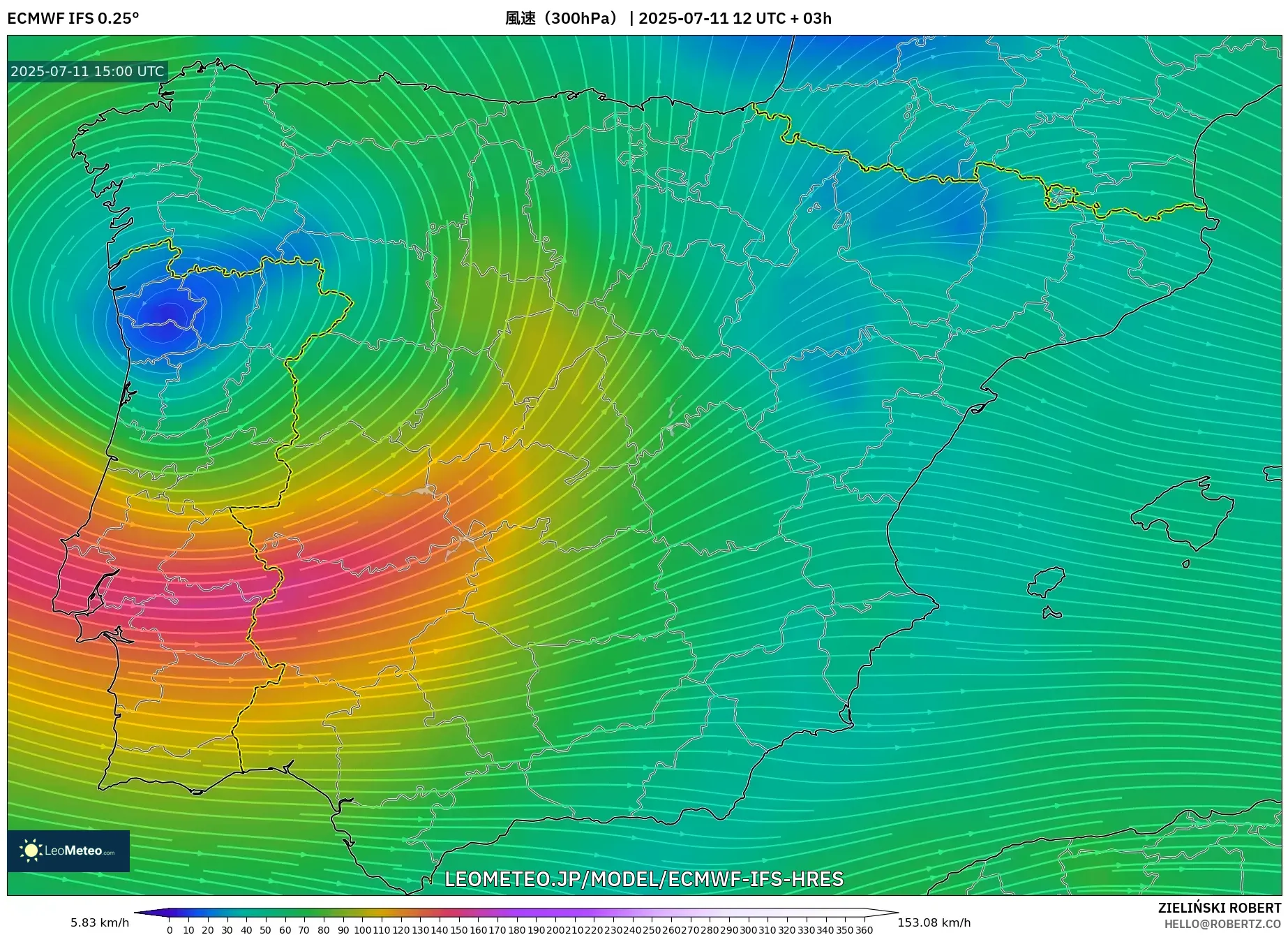 ECMWF IFS 0.25° model - スペイン, 風速(300hPa) ECMWF IFS 0.25° model - スペイン, 風速(300hPa)