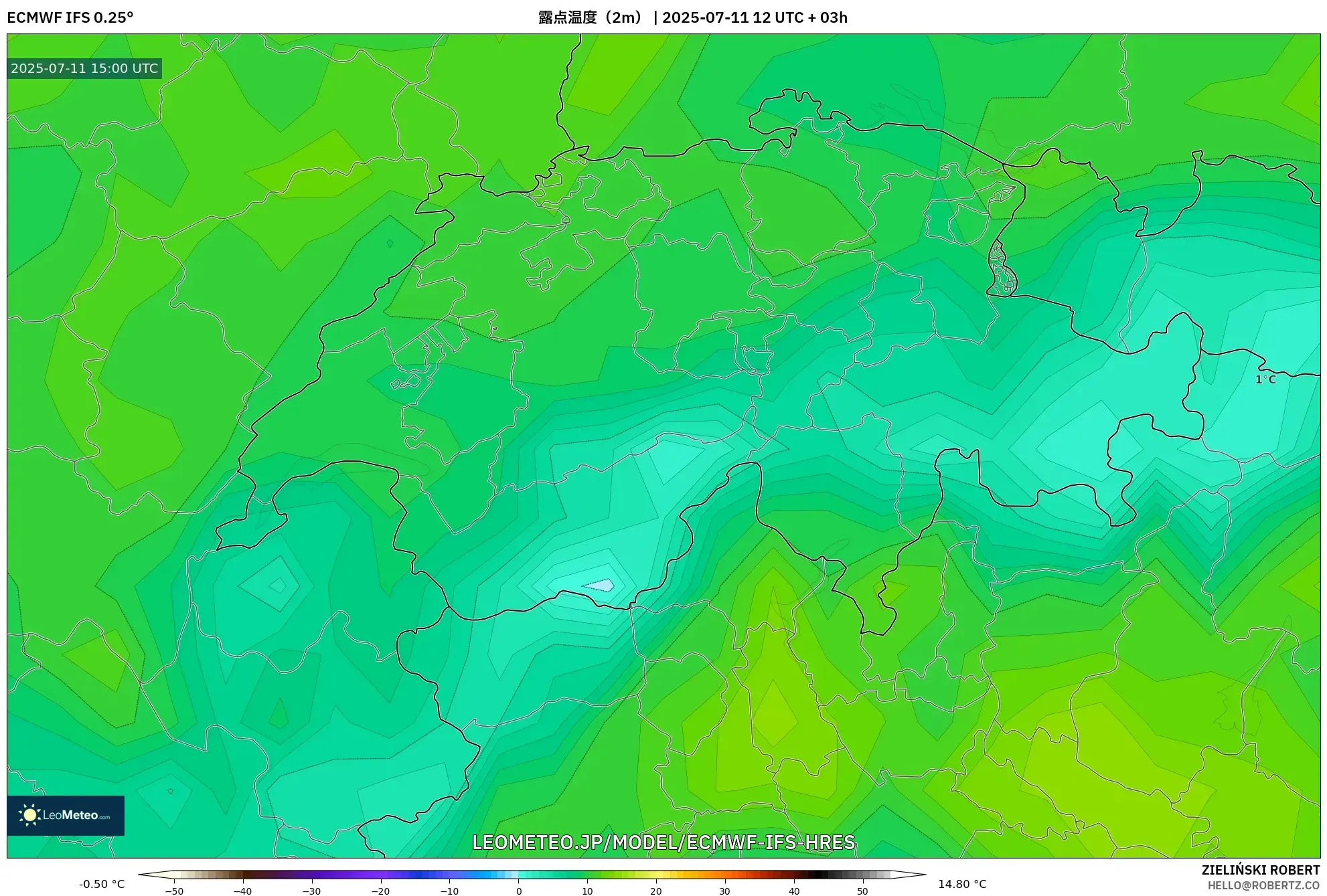 ECMWF IFS 0.25° model - スイス, 露点温度(2m) ECMWF IFS 0.25° model - スイス, 露点温度(2m)
