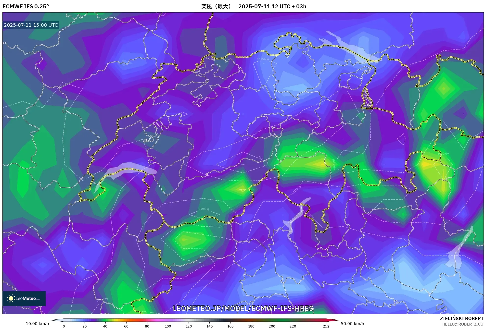 ECMWF IFS 0.25° model - スイス, 突風(最大) ECMWF IFS 0.25° model - スイス, 突風(最大)