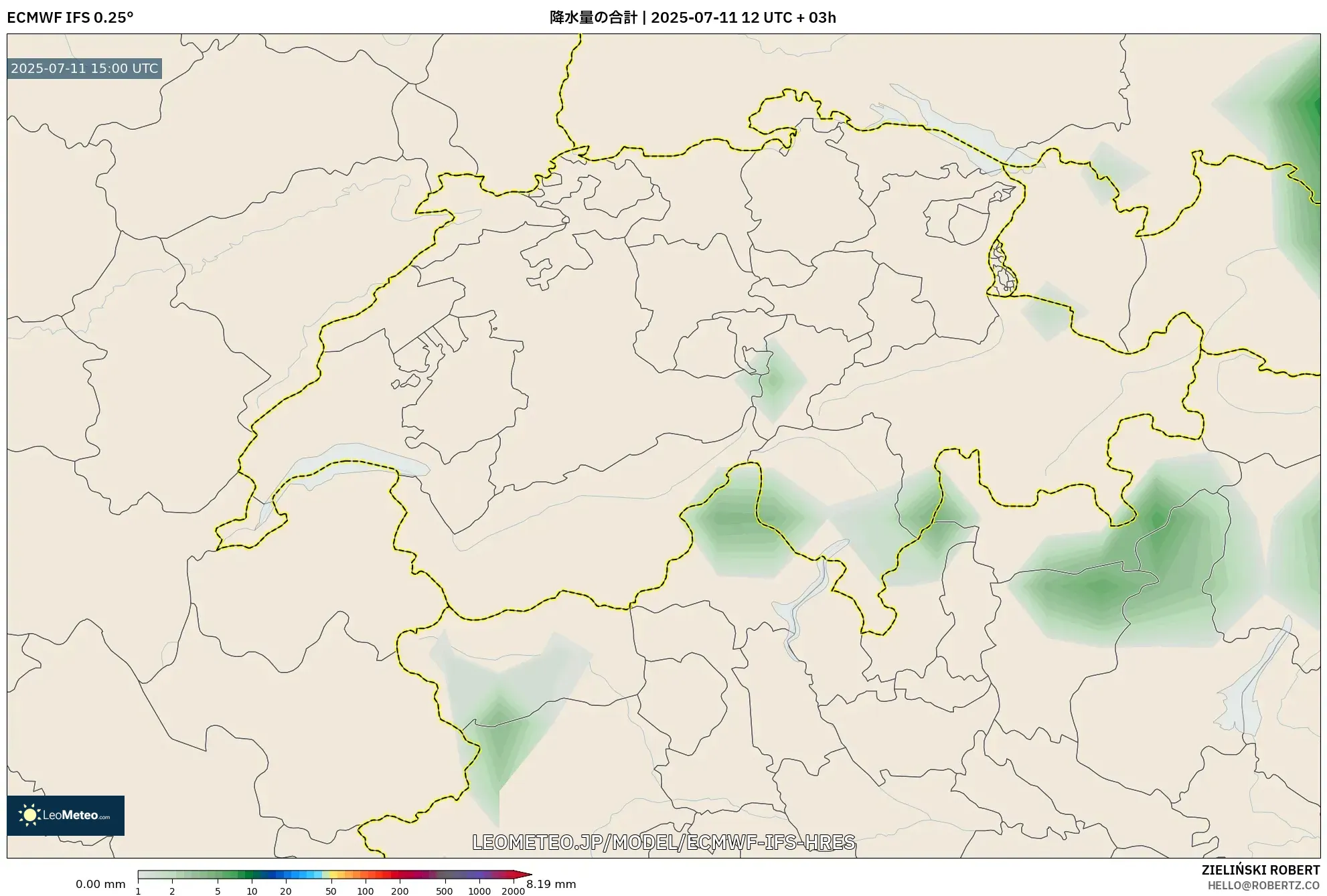 ECMWF IFS 0.25° model - スイス, 降水量の合計 ECMWF IFS 0.25° model - スイス, 降水量の合計