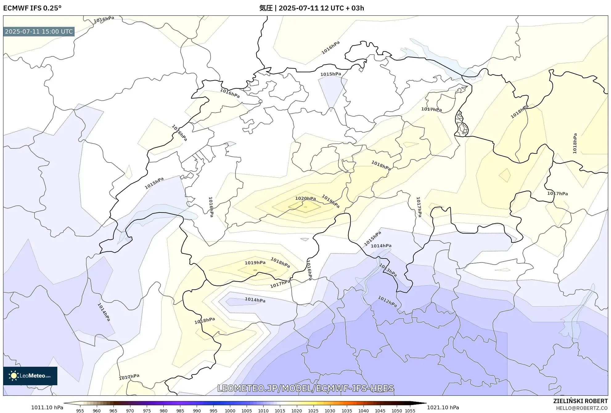 ECMWF IFS 0.25° model - スイス, 気圧 ECMWF IFS 0.25° model - スイス, 気圧