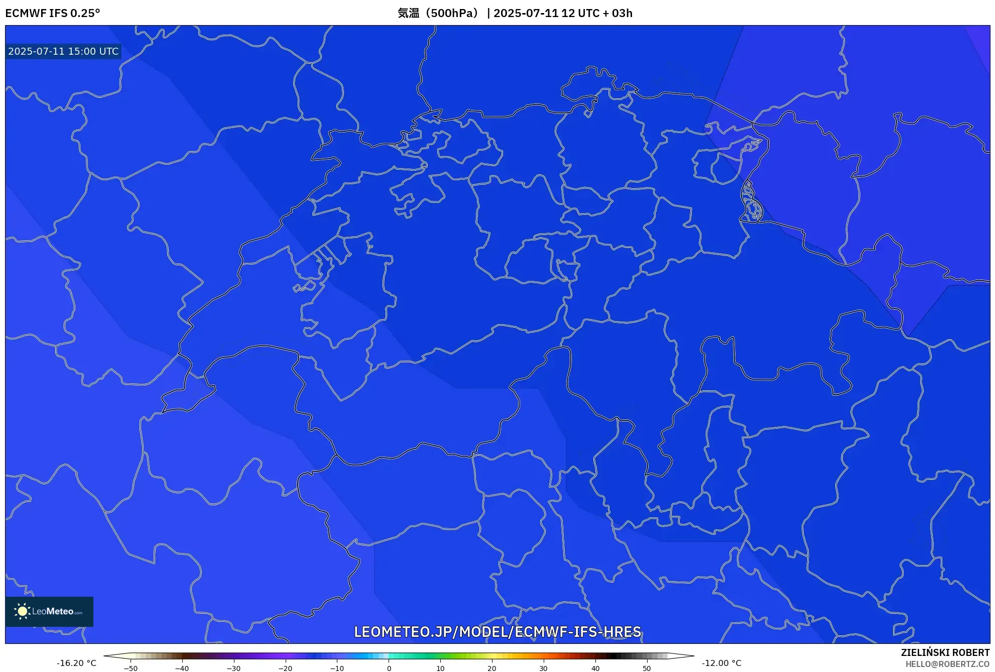 ECMWF IFS 0.25° model - スイス, 気温（500hPa）