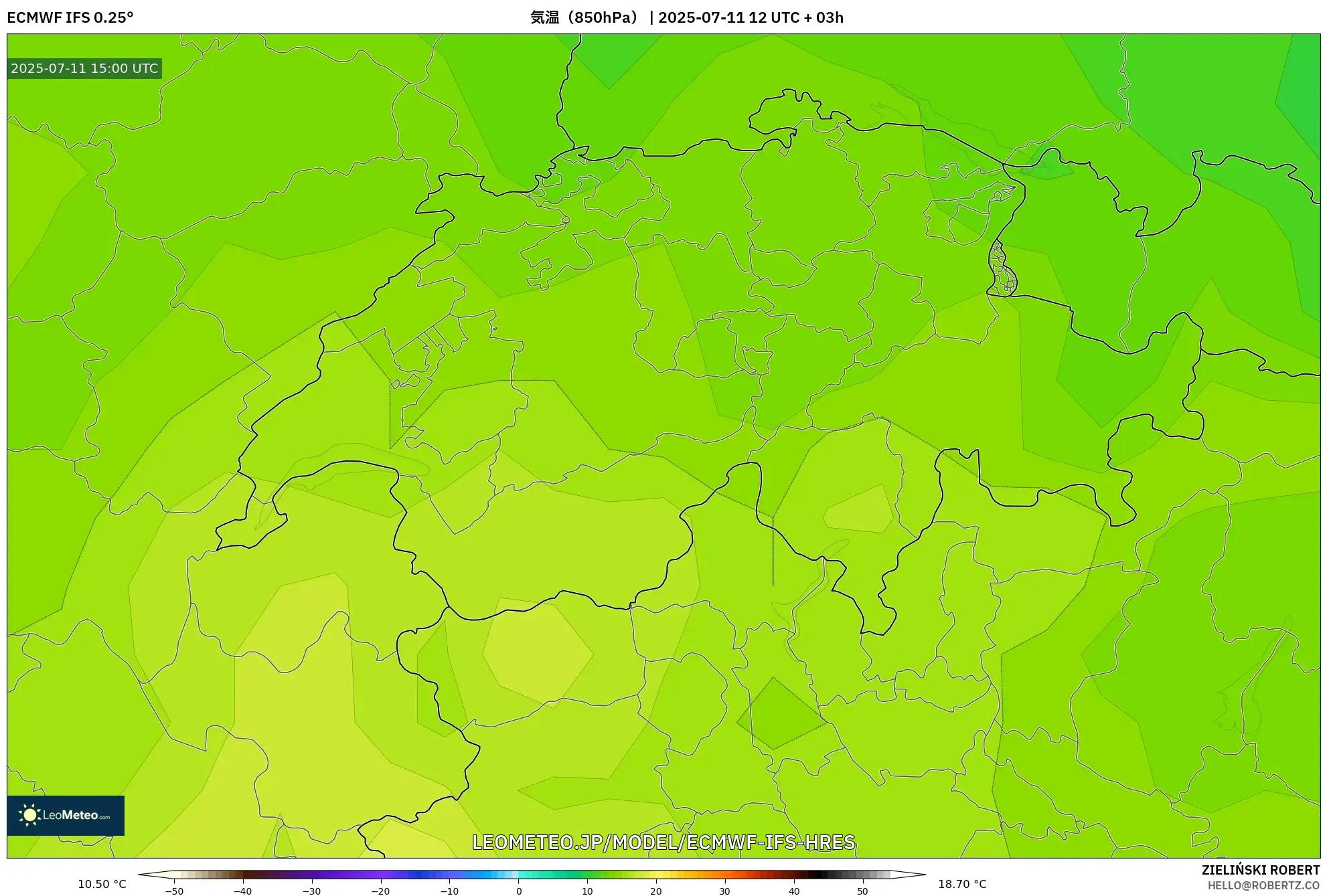 ECMWF IFS 0.25° model - スイス, 気温(850hPa) ECMWF IFS 0.25° model - スイス, 気温(850hPa)