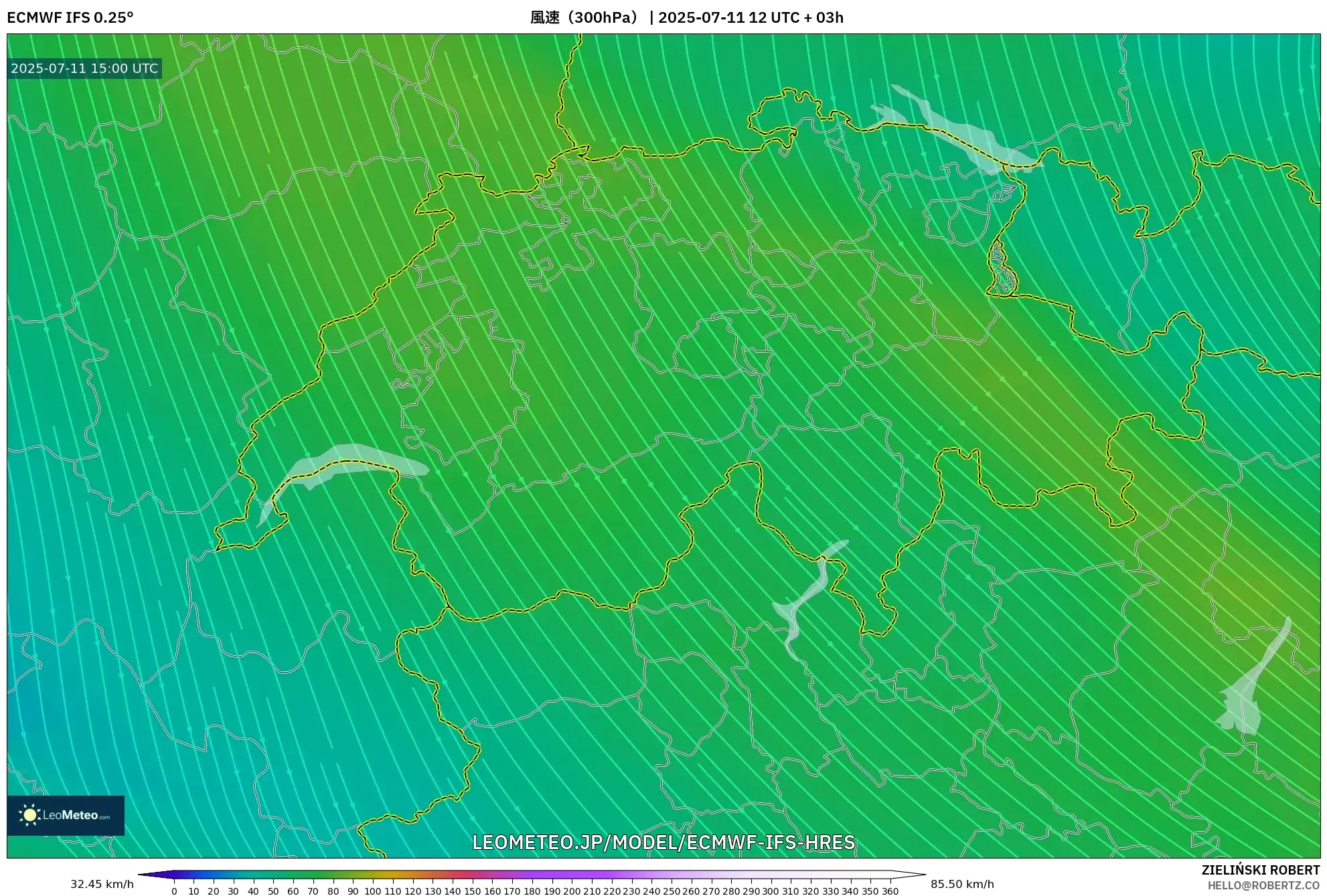 ECMWF IFS 0.25° model - スイス, 風速(300hPa) ECMWF IFS 0.25° model - スイス, 風速(300hPa)