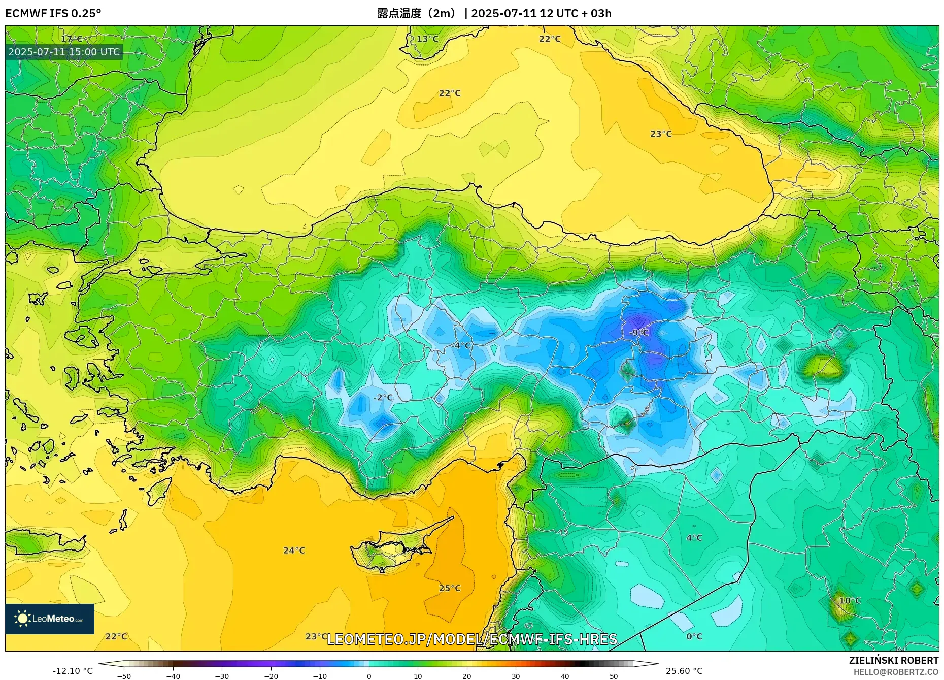 ECMWF IFS 0.25° model - トルコ, 露点温度（2m）