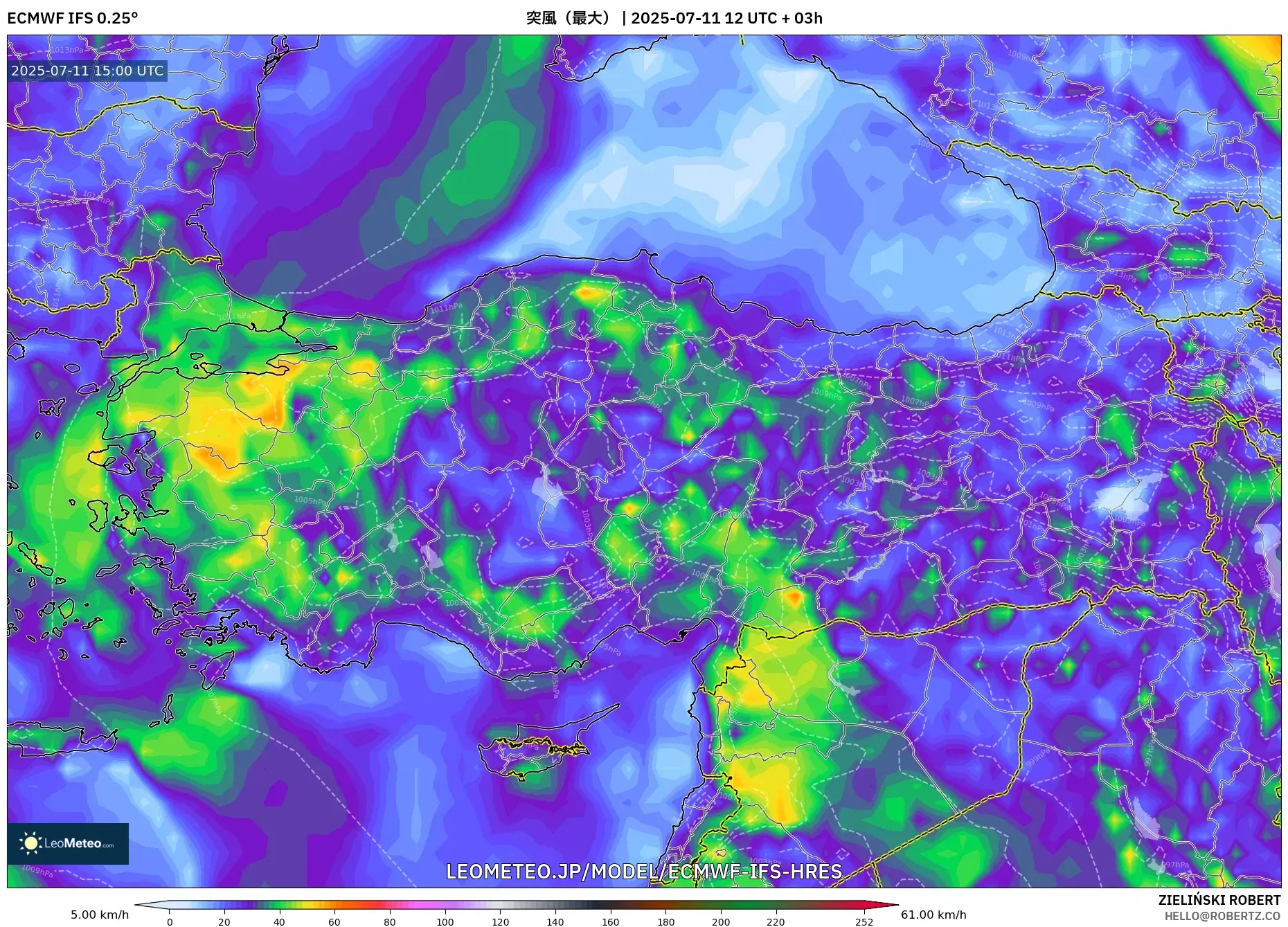 ECMWF IFS 0.25° model - トルコ, 突風(最大) ECMWF IFS 0.25° model - トルコ, 突風(最大)