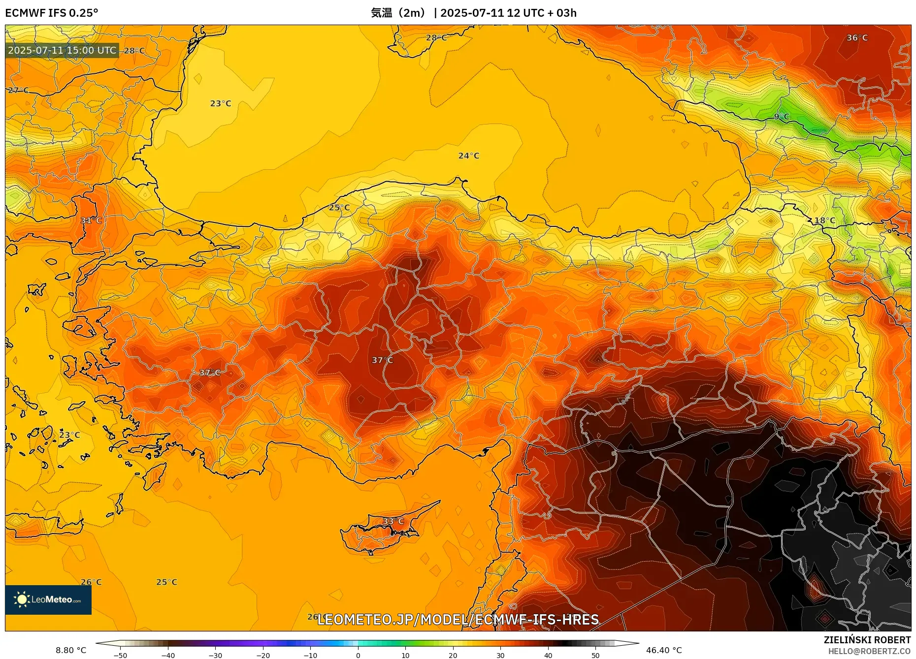 ECMWF IFS 0.25° model - トルコ, 気温(2m) ECMWF IFS 0.25° model - トルコ, 気温(2m)