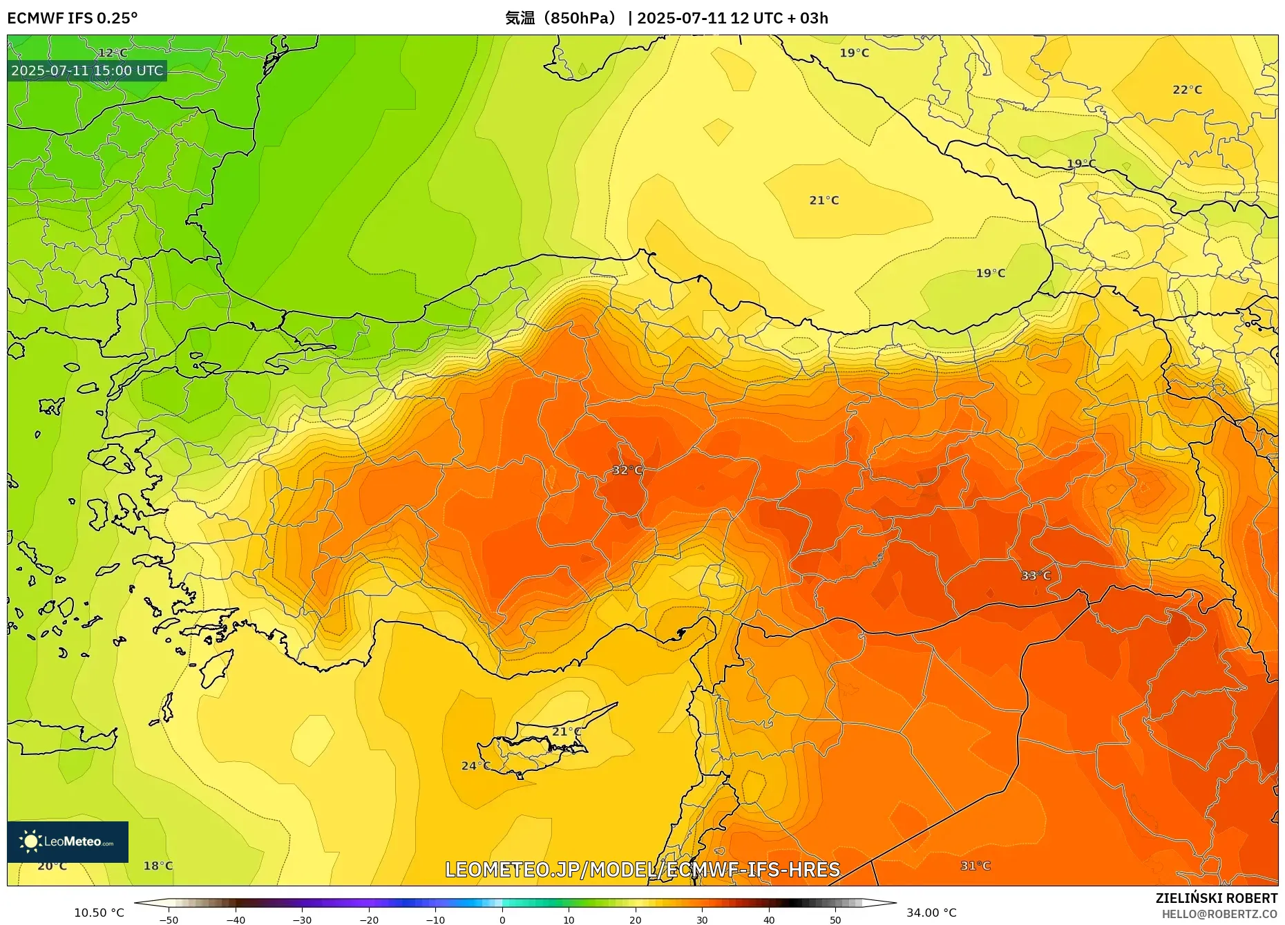 ECMWF IFS 0.25° model - トルコ, 気温(850hPa) ECMWF IFS 0.25° model - トルコ, 気温(850hPa)