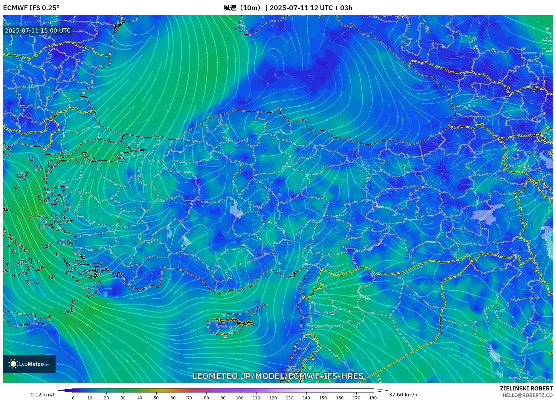ECMWF IFS 0.25° model - トルコ, 風速(10m) ECMWF IFS 0.25° model - トルコ, 風速(10m)