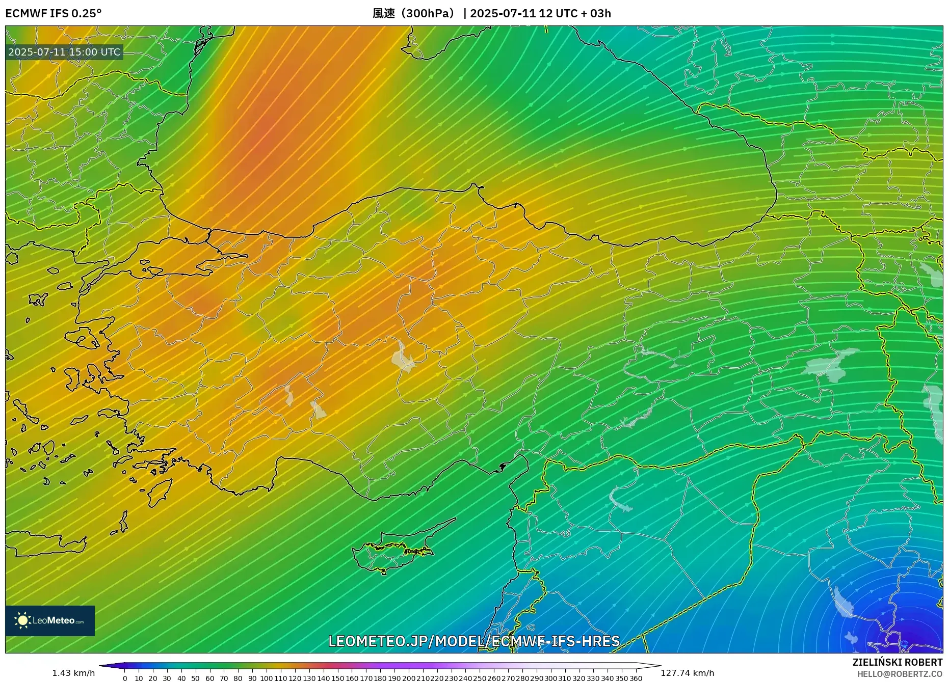 ECMWF IFS 0.25° model - トルコ, 風速（300hPa）
