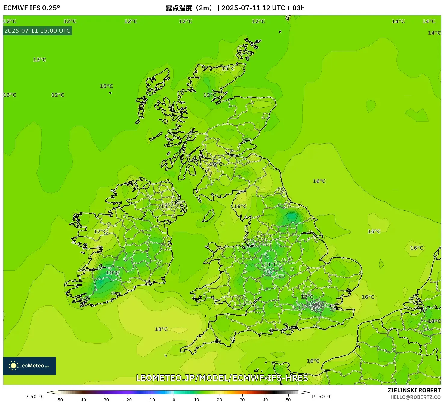 ECMWF IFS 0.25° model - イギリス, 露点温度(2m) ECMWF IFS 0.25° model - イギリス, 露点温度(2m)