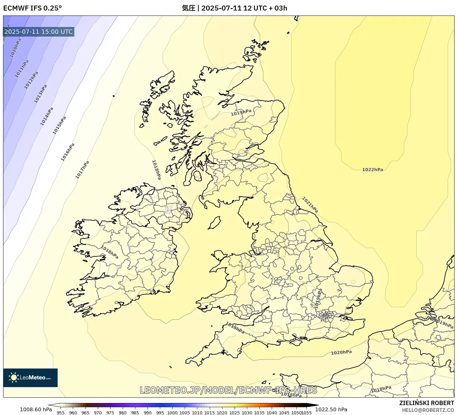 ECMWF IFS 0.25° model - イギリス, 気圧 ECMWF IFS 0.25° model - イギリス, 気圧