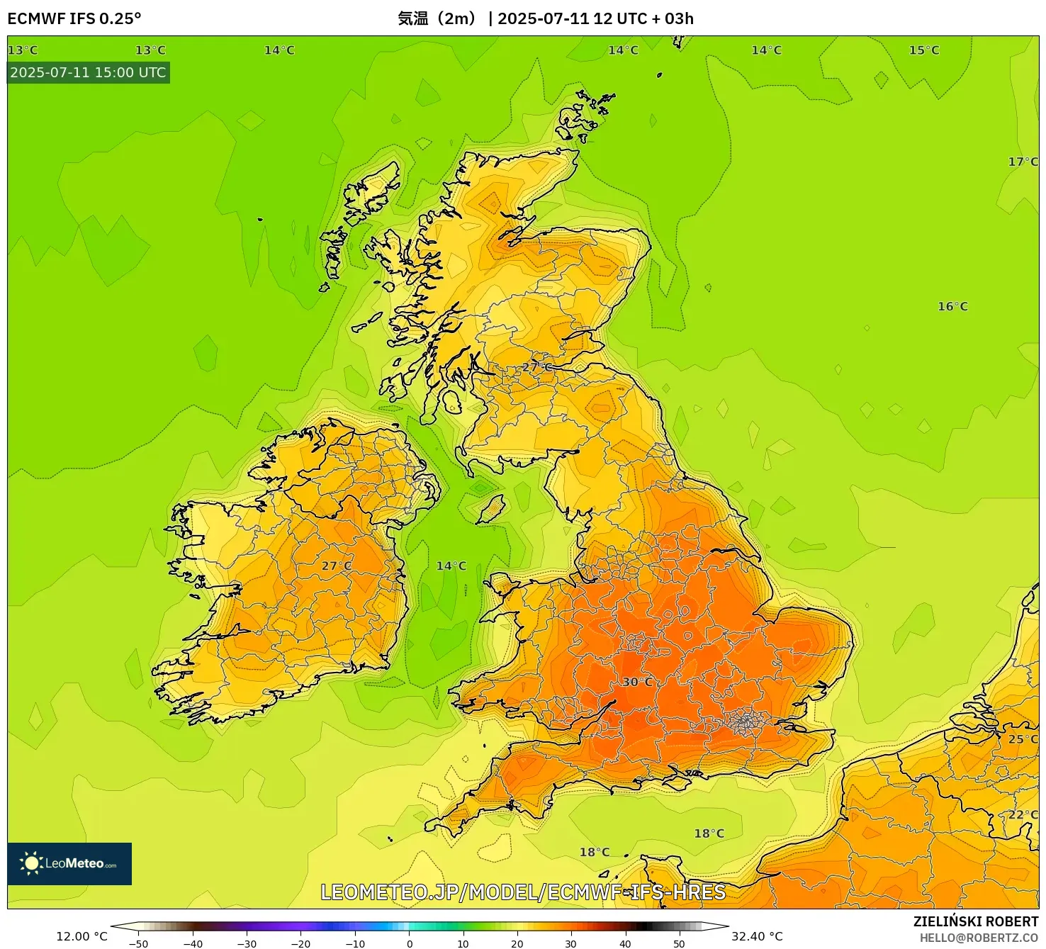 ECMWF IFS 0.25° model - イギリス, 気温(2m) ECMWF IFS 0.25° model - イギリス, 気温(2m)