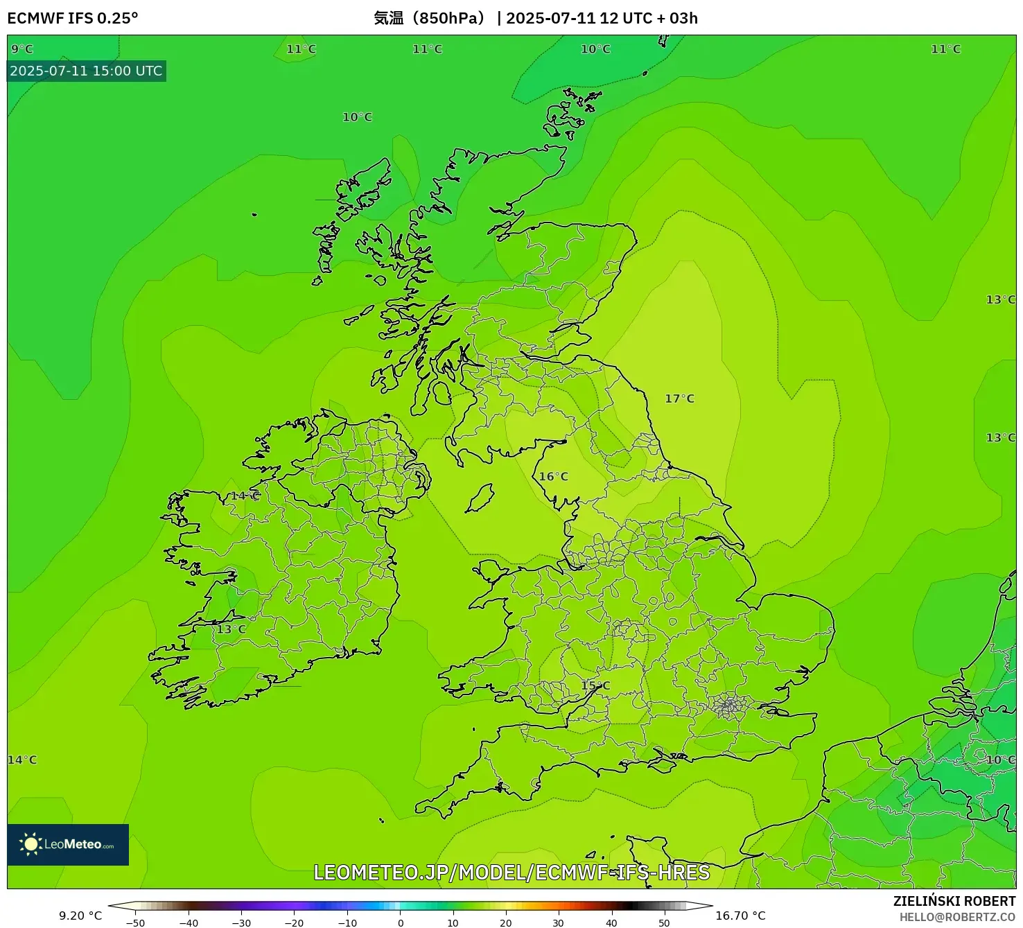 ECMWF IFS 0.25° model - イギリス, 気温（850hPa）