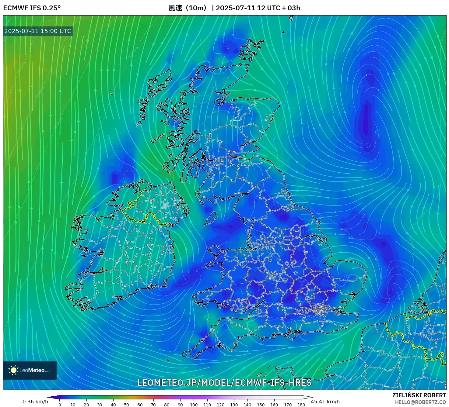 ECMWF IFS 0.25° model - イギリス, 風速(10m) ECMWF IFS 0.25° model - イギリス, 風速(10m)
