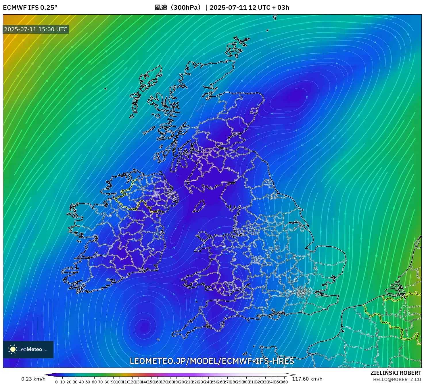 ECMWF IFS 0.25° model - イギリス, 風速(300hPa) ECMWF IFS 0.25° model - イギリス, 風速(300hPa)