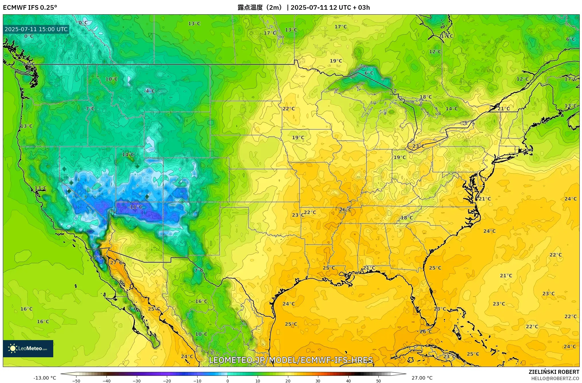 ECMWF IFS 0.25° model - アメリカ合衆国, 露点温度(2m) ECMWF IFS 0.25° model - アメリカ合衆国, 露点温度(2m)