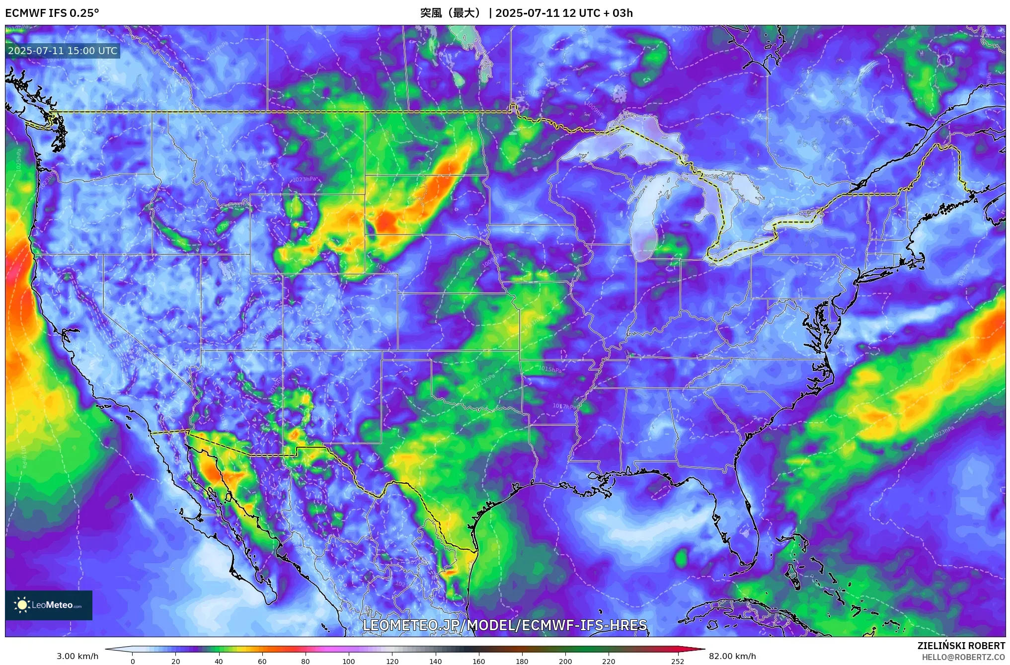 ECMWF IFS 0.25° model - アメリカ合衆国, 突風(最大) ECMWF IFS 0.25° model - アメリカ合衆国, 突風(最大)