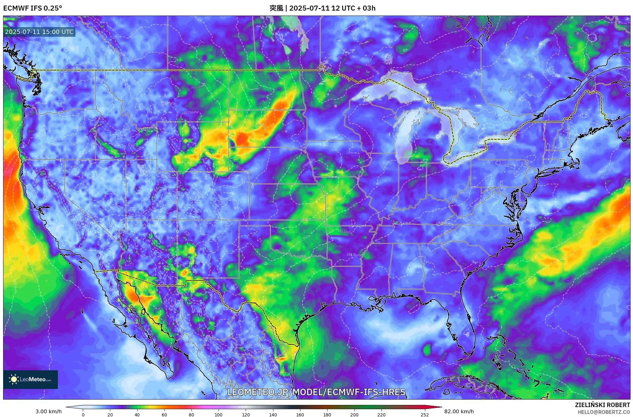 ECMWF IFS 0.25° model - アメリカ合衆国, 突風 ECMWF IFS 0.25° model - アメリカ合衆国, 突風