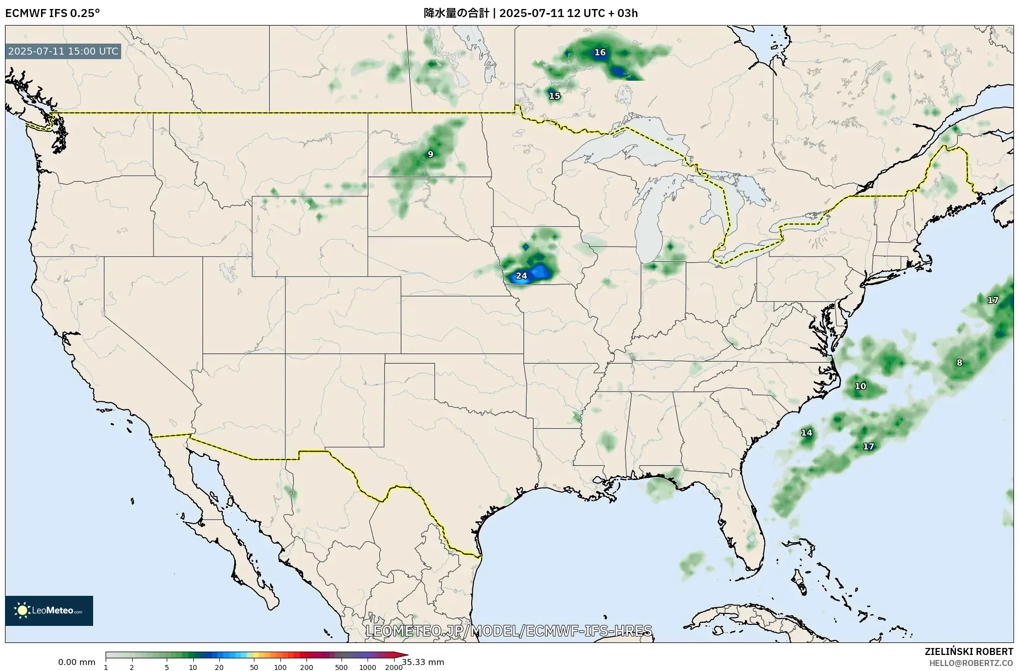 ECMWF IFS 0.25° model - アメリカ合衆国, 降水量の合計 ECMWF IFS 0.25° model - アメリカ合衆国, 降水量の合計